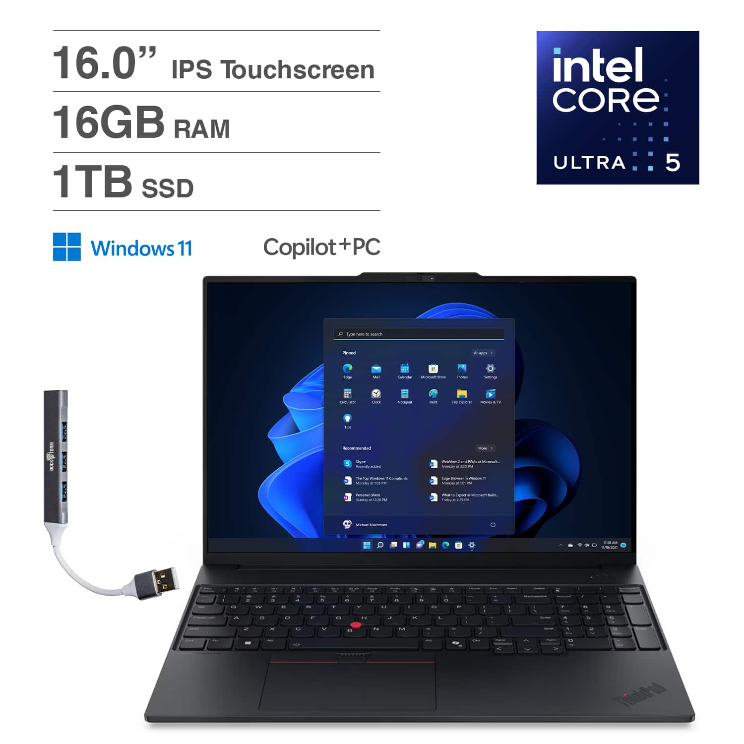 Lenovo - ThinkPad E16 Laptop 16'' Touchscreen (Intel Ultra 5-225U, 16GB DDR5, 1TB SSD, Win 11 Home) w/DKZ USB Hub - Black