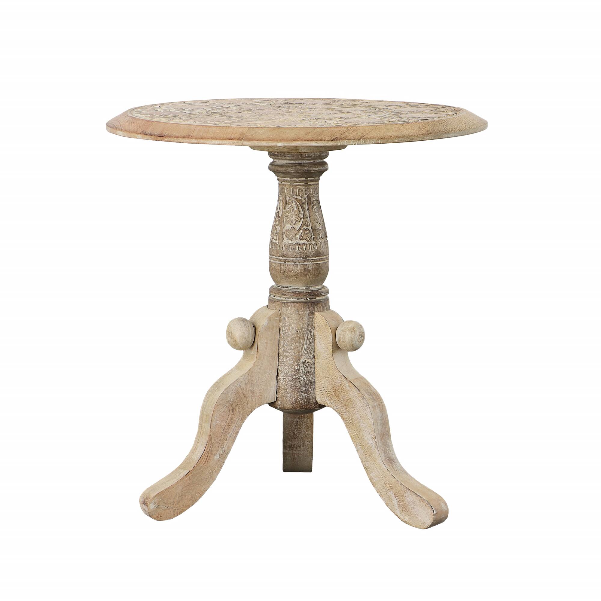 Alt View 4. Manhattan Lane - Intricately Carved Round Top Mango Wood Side End Table with Pedestal Base - Brown and White.