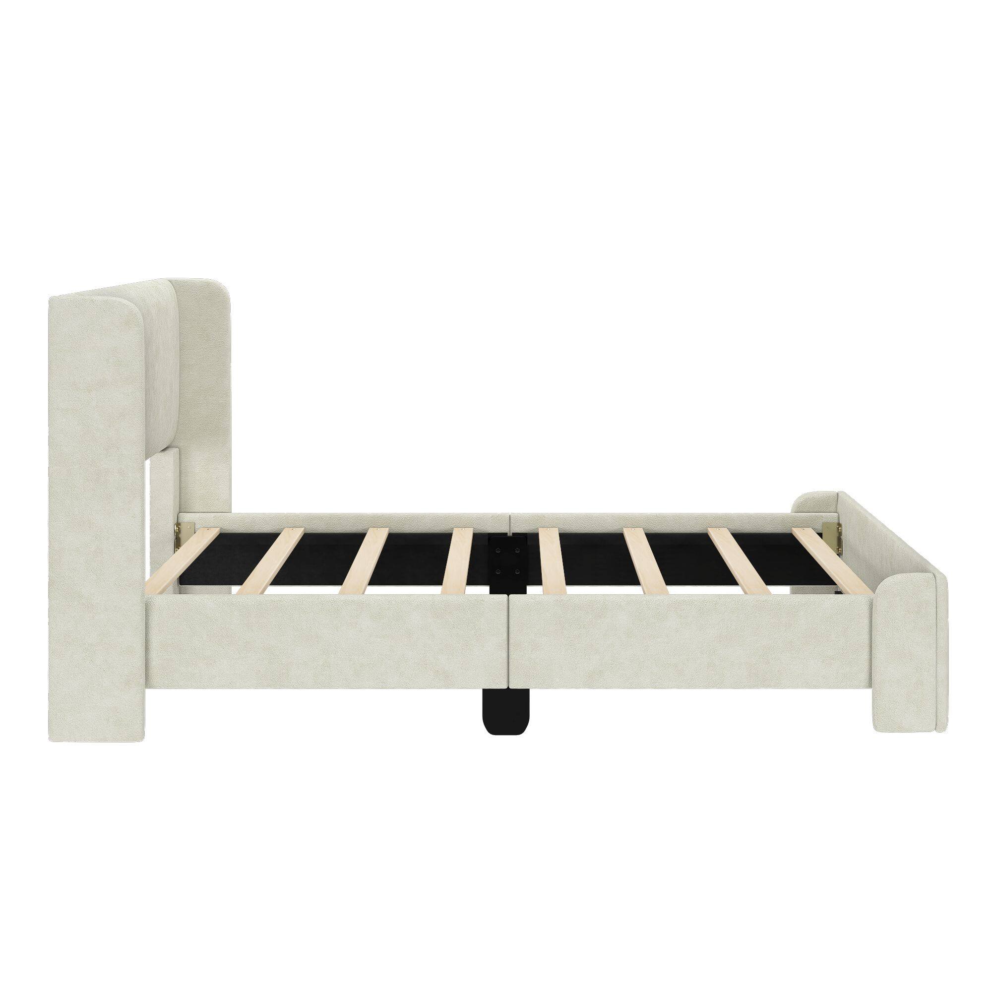 Alt View 3. Plank+Beam - Upholstered Bed with Rectangular Headboard (Twin), Cream - Cream.