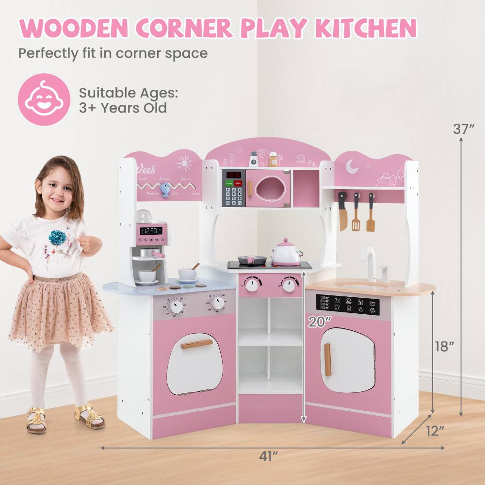 WOODEN CORNER PLAY KITCHEN  
Perfectly fit in corner space  

Suitable Ages: 3+ Years Old  

37"  
20"  
18"  
12"  
41"