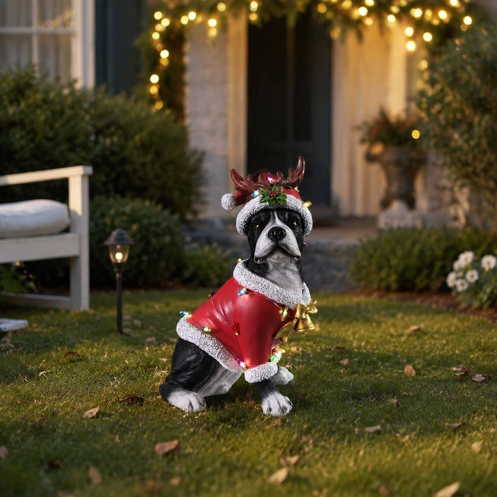 Angle. RYHNUYNE - Christmas Boston Terrier Statue with Santa Outfit, Reindeer Antlers, Holly Accents, and Gold Bells for Mantel - Black.