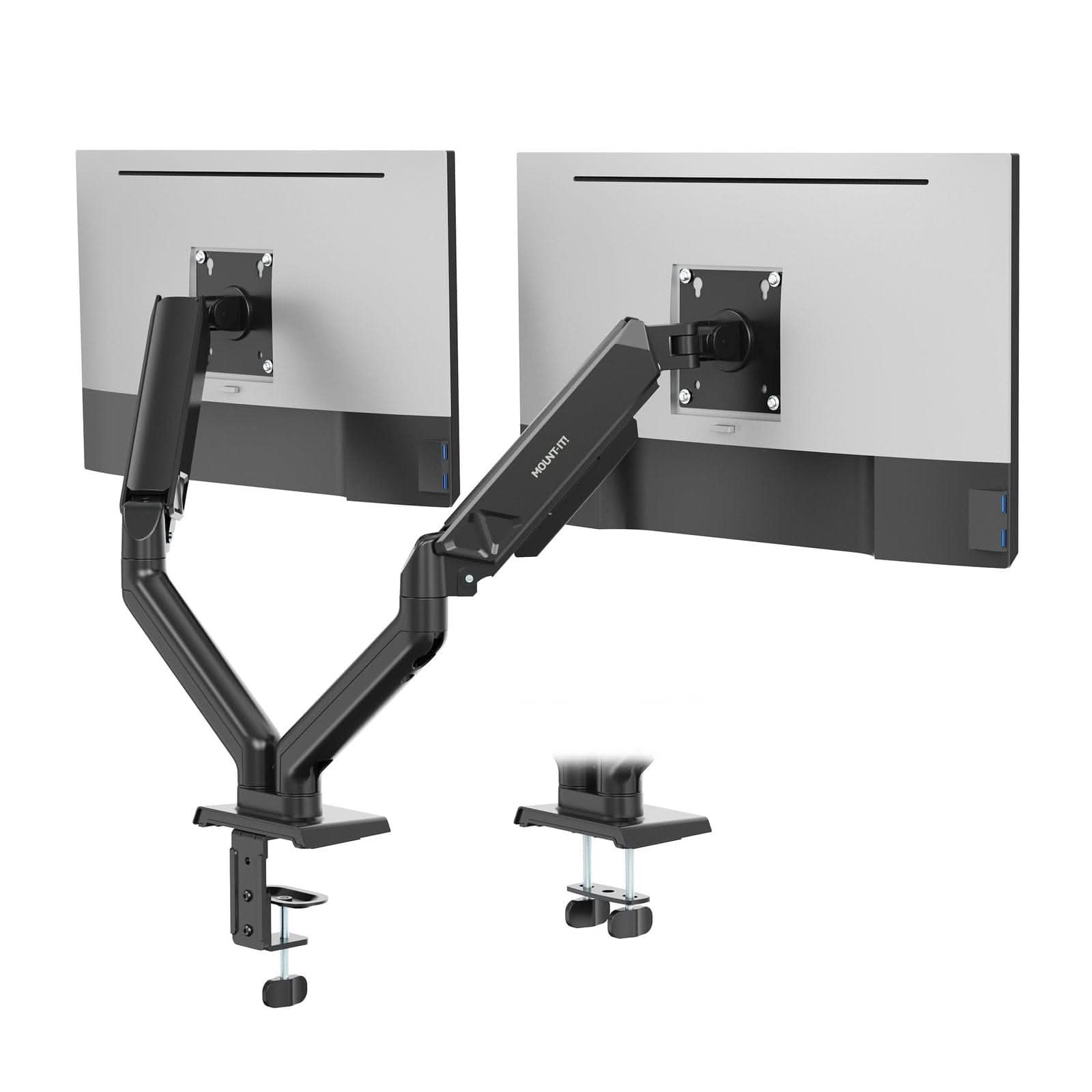 Left. Mount-It! - Dual Monitor Desk Mount for 17"–32" Screens, Adjustable Arms for Height, Tilt & Swivel - Black.