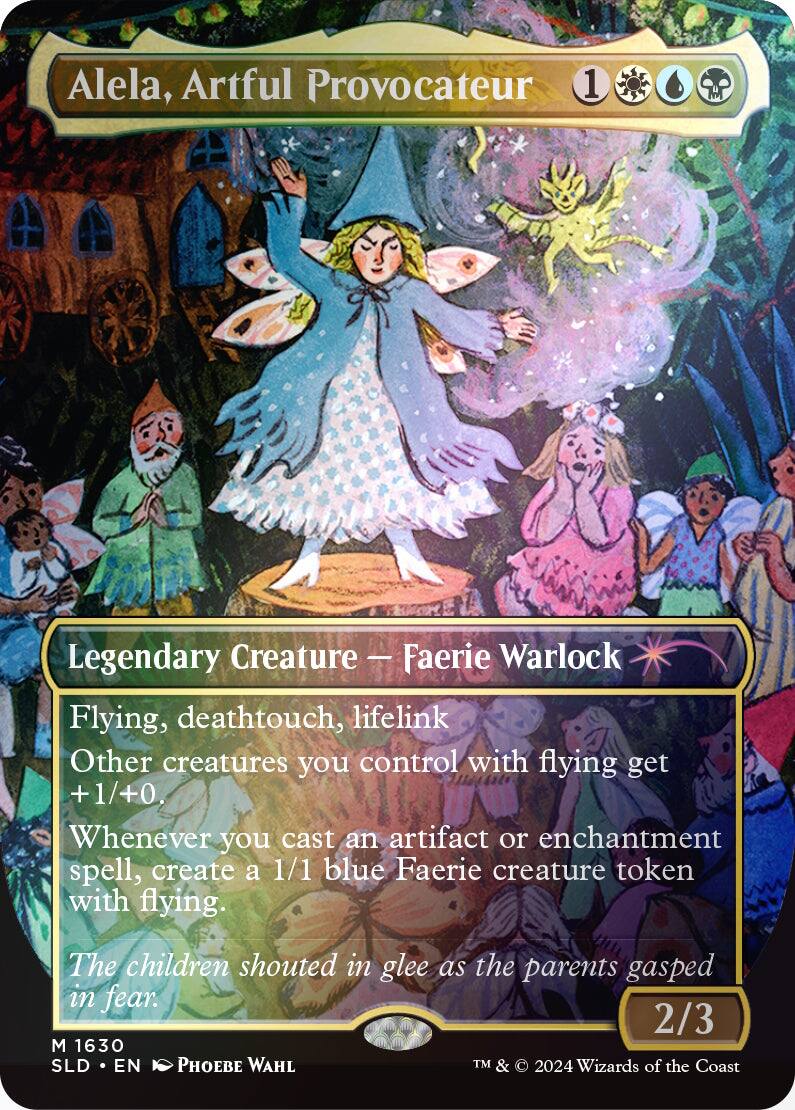 Alela, Artful Provocateur  
1  
Legendary Creature — Faerie Warlock  
Flying, death touch, lifelink  
Other creatures you control with flying get +1/+0.  
Whenever you cast an artifact or enchantment spell, create a 1/1 blue Faerie creature token with flying.  
The children shouted in glee as the parents gasped in fear.  
2/3  
M 1630  
SLD • EN  
Phoebe Wahl  
TM & © 2024 Wizards of the Coast