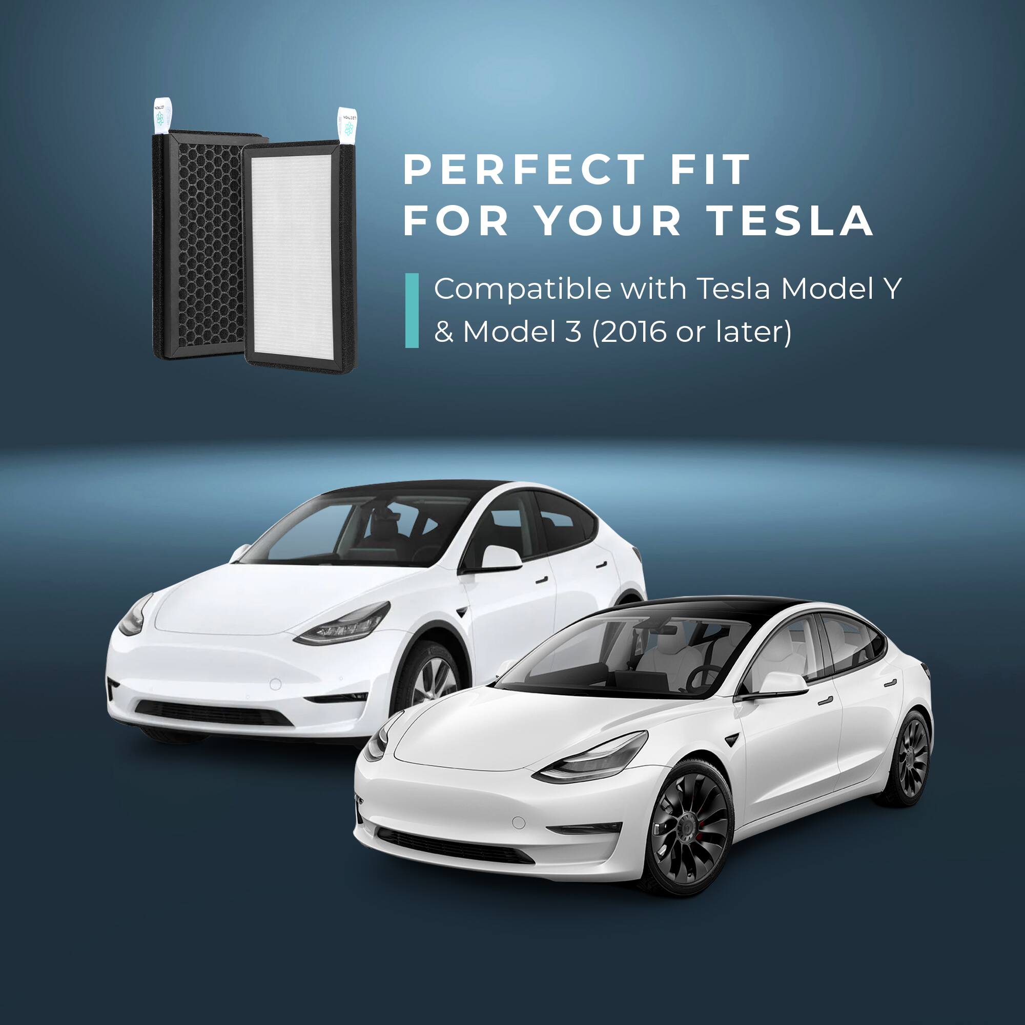The text on the image reads: "PERFECT FIT FOR YOUR TESLA Compatible with Tesla Model Y & Model 3 (2016 or later)."
