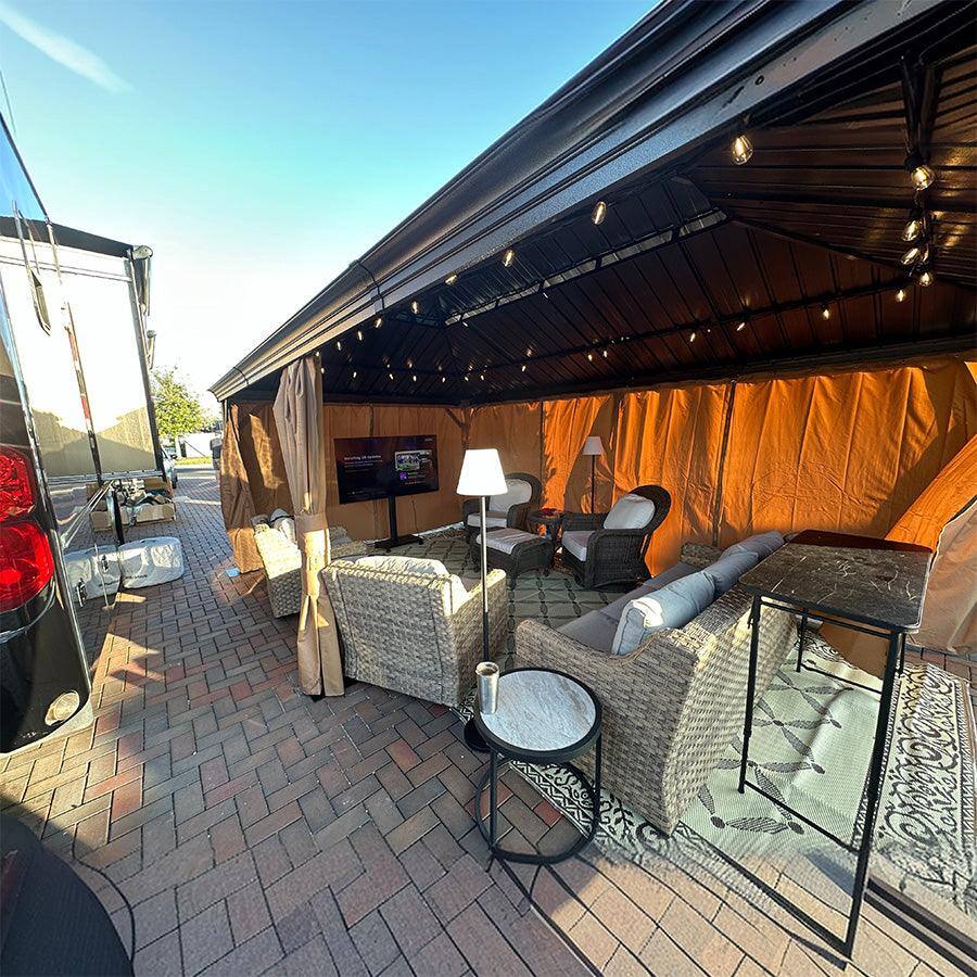 Alt View 1. PURPLE LEAF - 12 X 28 FT Outdoor Aluminum Hardtop Gazebo with Metal Double Roof with Netting and Curtains, Khaki Permanent Pavilion - 12' X 28'.