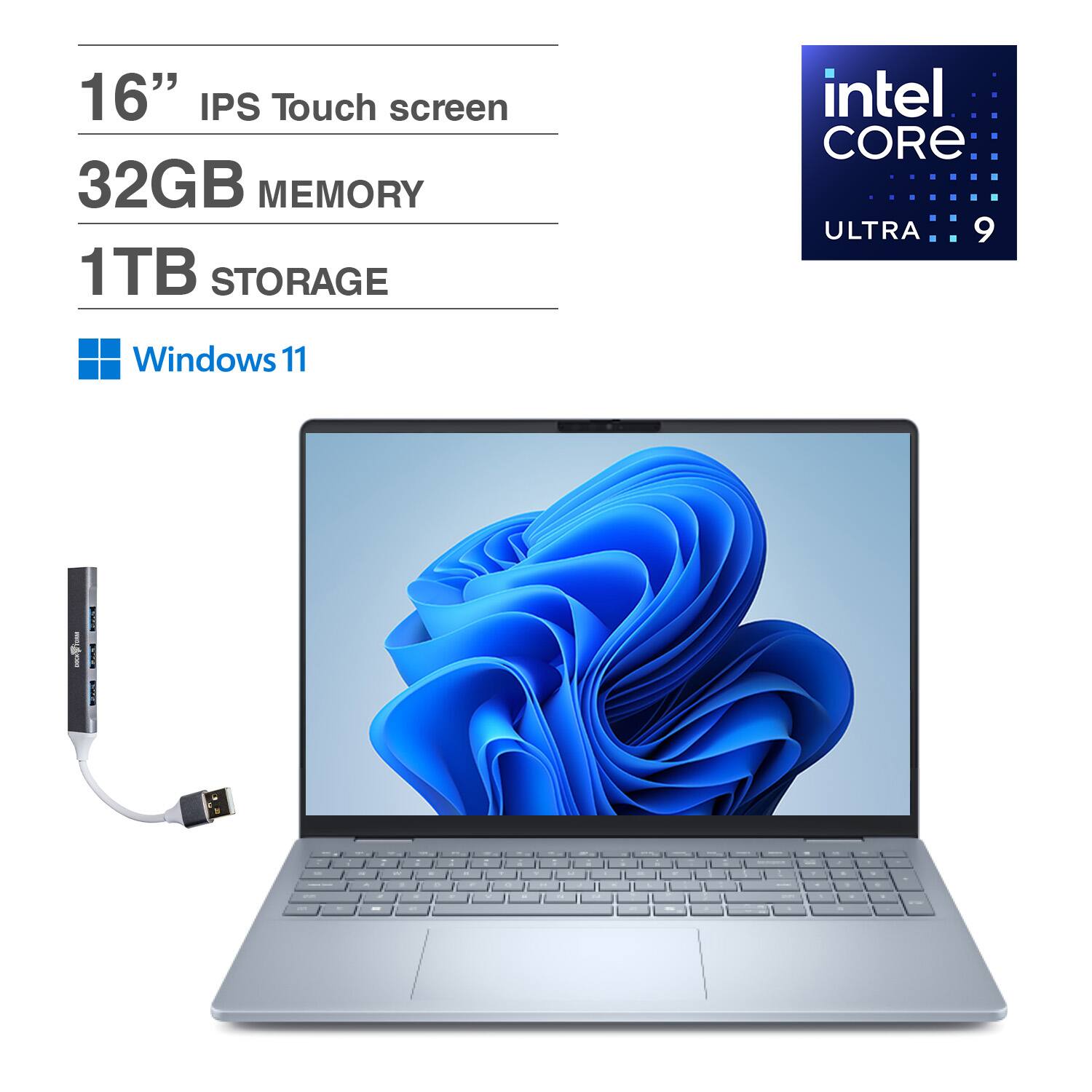 Dell - 16 Plus Laptop 16.0 WUXGA (Intel Ultra 9-288V, 32GB LPDDR5X, 1TB SSD, Intel Arc, Win 11 Home) w/USB Hub - Blue