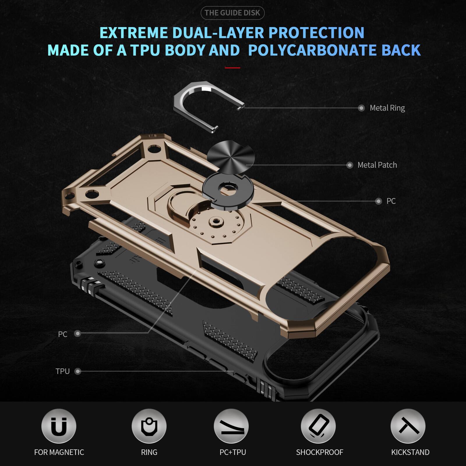 THE GUIDE DISK EXTREME DUAL-LAYER PROTECTION MADE OF A TPU BODY AND POLYCARBONATE BACK

Metal Ring
Metal Patch
PC
PC
TPU

FOR MAGNETIC RING
PC+TPU
SHOCKPROOF
KICKSTAND
