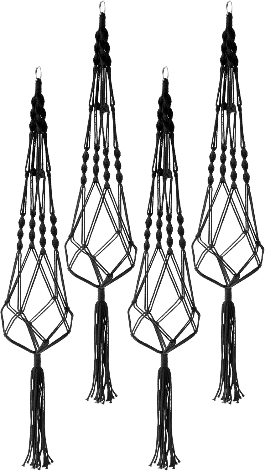 Angle. Sorbus - Sorbus Macrame Plant Hanger (4 Pack) Indoor Outdoor Hanging Plant Pots Cotton Rope, Elegant for Home, Patio, Garden - Black.