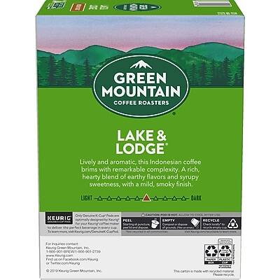 GREEN MOUNTAIN COFFEE ROASTERS  
LAKE & LODGE  

Lively and aromatic, this Indonesian coffee brims with remarkable complexity. A rich, hearty blend of earthy flavors and syrupy sweetness, with a mild, smoky finish.  

LIGHT DARK  

KEURIG  
Only Keurig® K-Cup® Products  
For your Keurig® coffee maker.  

PEEL  
EMPTY  
RECYCLE  

Check for contact information on the back.  
Keurig Green Mountain, Inc.  
Yankee Green Mountain, Inc.  
1-800-445-1234  
www.Keurig.com  
www.YankeeGreenMountain.com  

©2019 Keurig Green Mountain, Inc.  
The carton is made with 100% recycled paper.  
Please recycle.