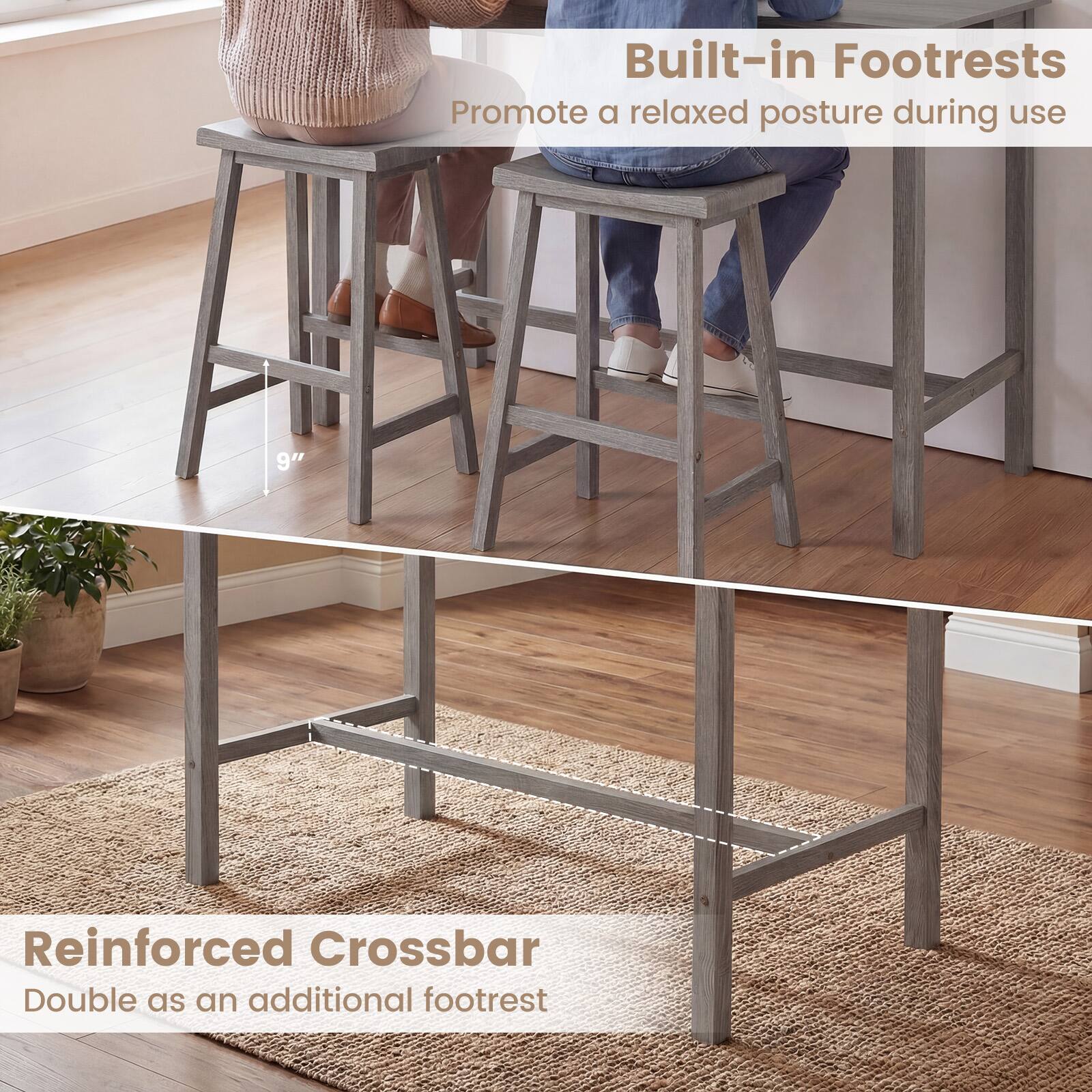 Built-in Footrests  
Promote a relaxed posture during use

9" Reinforced Crossbar  
Double as an additional footrest