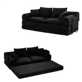 Dyonery - 79" Boneless Loveseat Sofa Bed ,Corduroy Convertible Futon Couch, Foldable Floor Sleeper with Foam & Pillow - Black