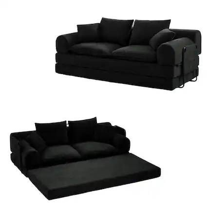 Front. Dyonery - Dyonery 79" Boneless Loveseat Sofa Bed ,Corduroy Convertible Futon Couch, Foldable Floor Sleeper with Foam & Pillow - Black.