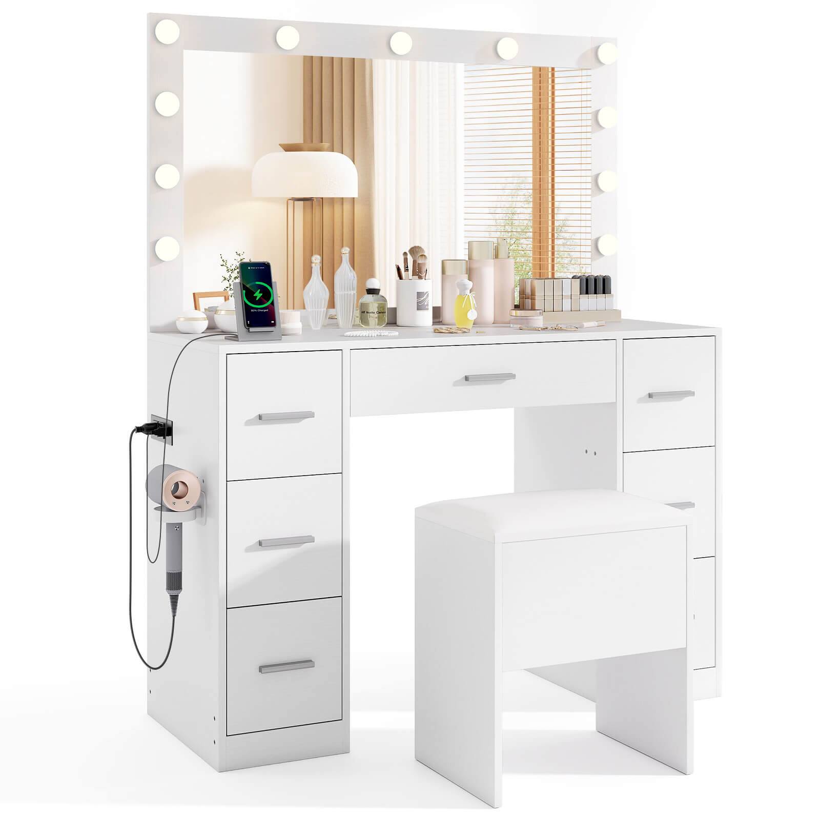 Front. Costway - Costway Vanity Desk with Mirror and Lights Storage Stool Power Outlets 3 Lighting Colors - White.