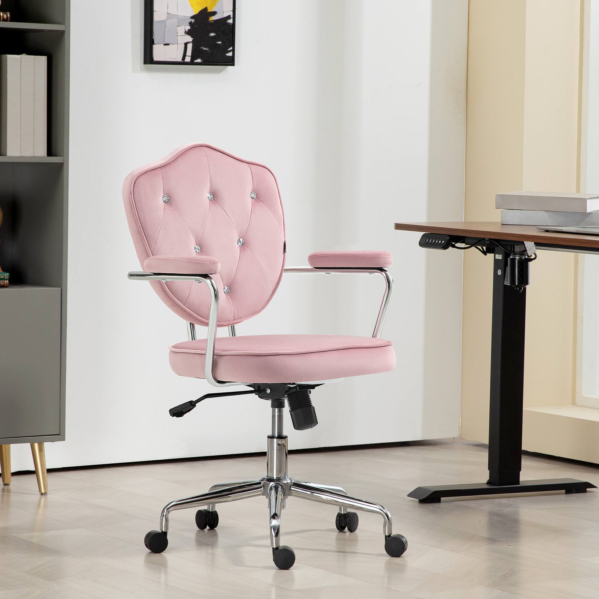 Alt View 1. Homcom - Button Tufted Velvet Desk Chair with Swivel Vanity Design - Pink.