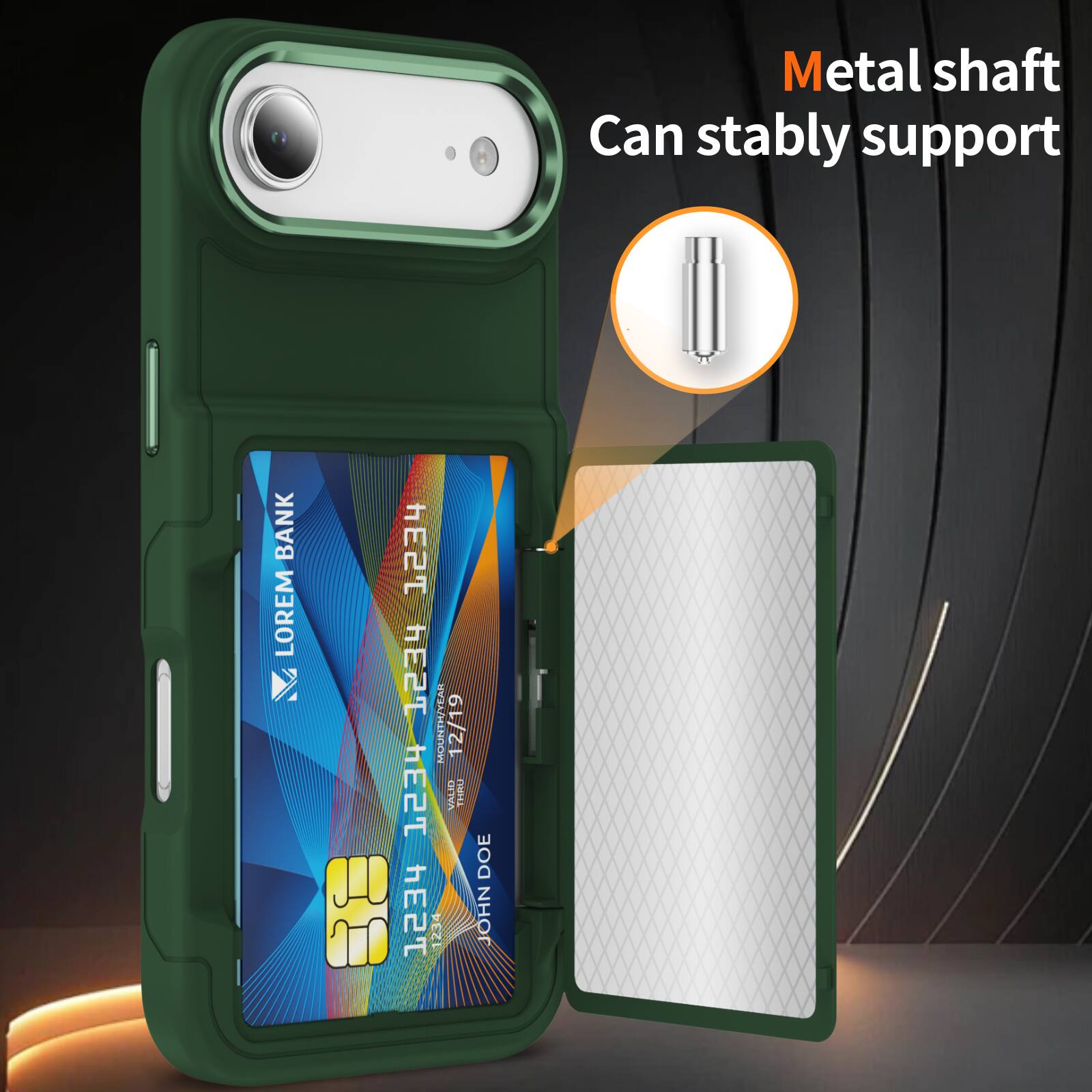 Metal shaft can stably support

LOREM BANK

1234 5678 9012 3456

VALID THRU 12/19

JOHN DOE