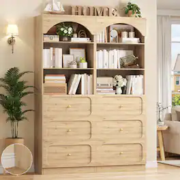 Aheaplus - 80" 2-Piece Arched Pantry Bookshelf Set - 6 Drawers & 6-Tier Shelves, Seamless Wall Fit ,Ships in 2 Packages - Brown