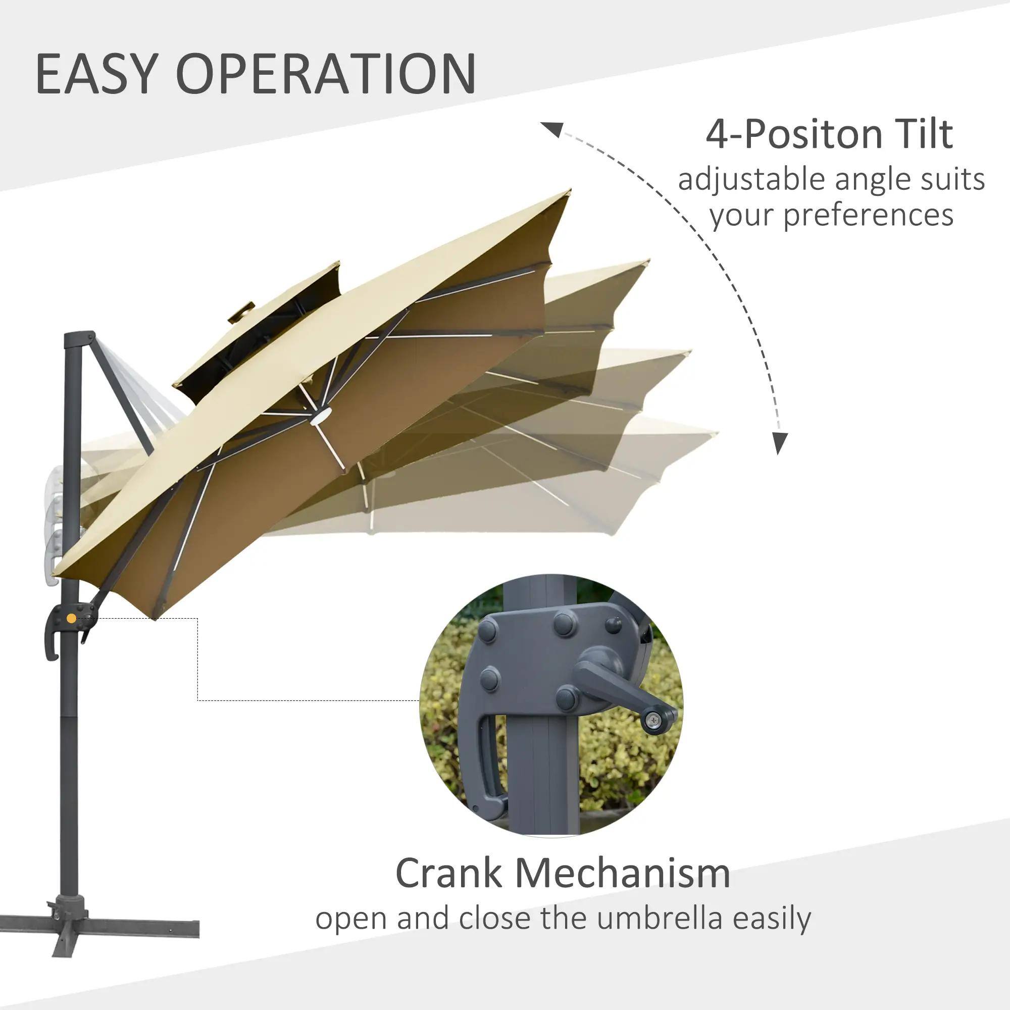 EASY OPERATION

4-Position Tilt  
adjustable angle suits your preferences

Crank Mechanism  
open and close the umbrella easily