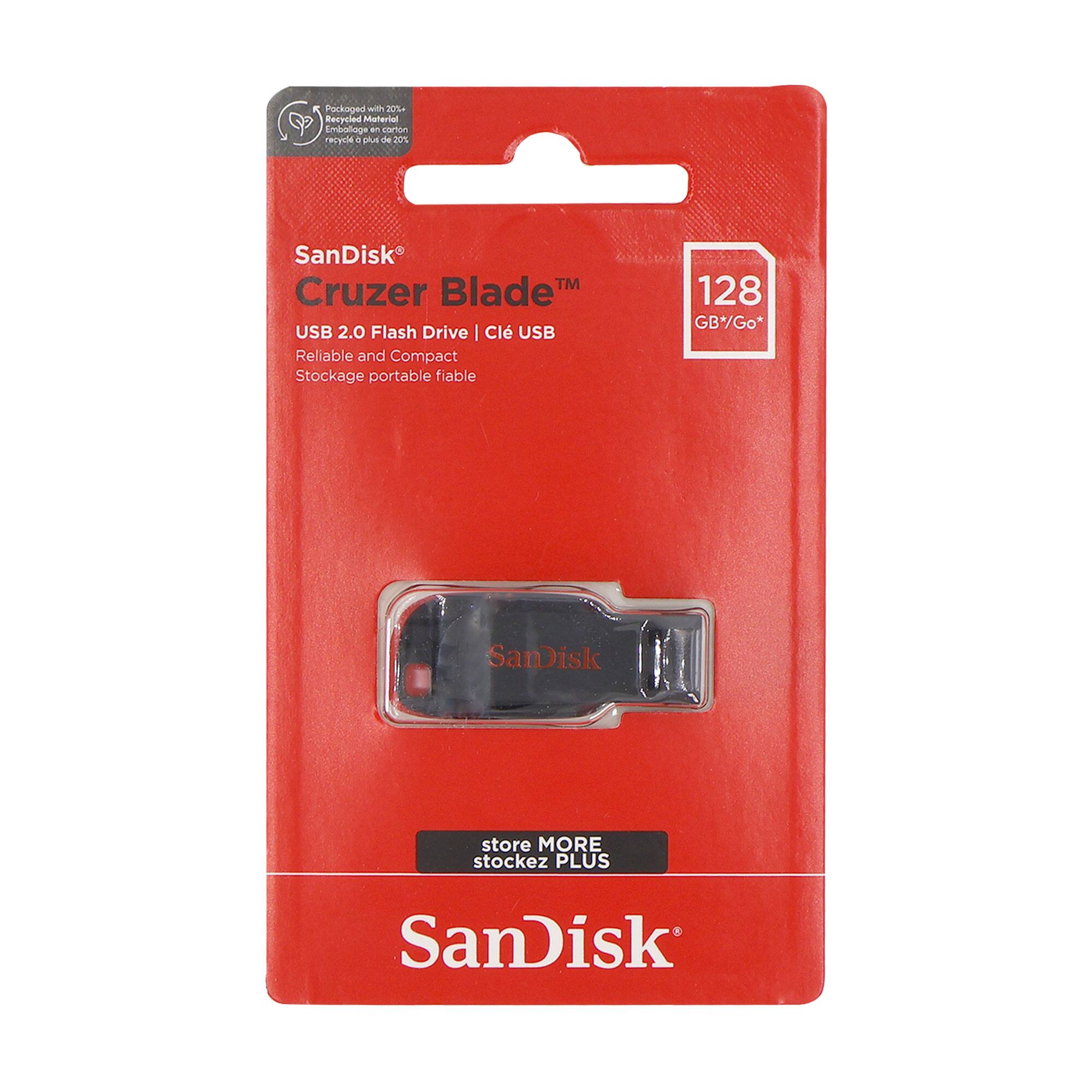 Packaged with 20% Recycled Material  
Emballage en carton recyclé à 20%  

SanDisk  
Cruzer Blade™  
USB 2.0 Flash Drive | Clé USB  
Reliable and Compact  
Stockage portable fiable  

128 GB*  

store MORE  
stockez PLUS  

SanDisk