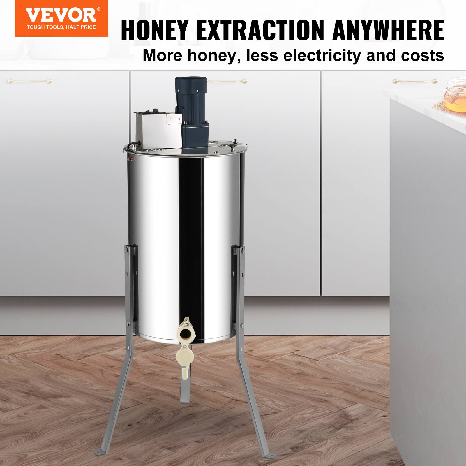 VEVOR  
TOUGH TOOLS, HALF PRICE  

HONEY EXTRACTION ANYWHERE  
More honey, less electricity and costs