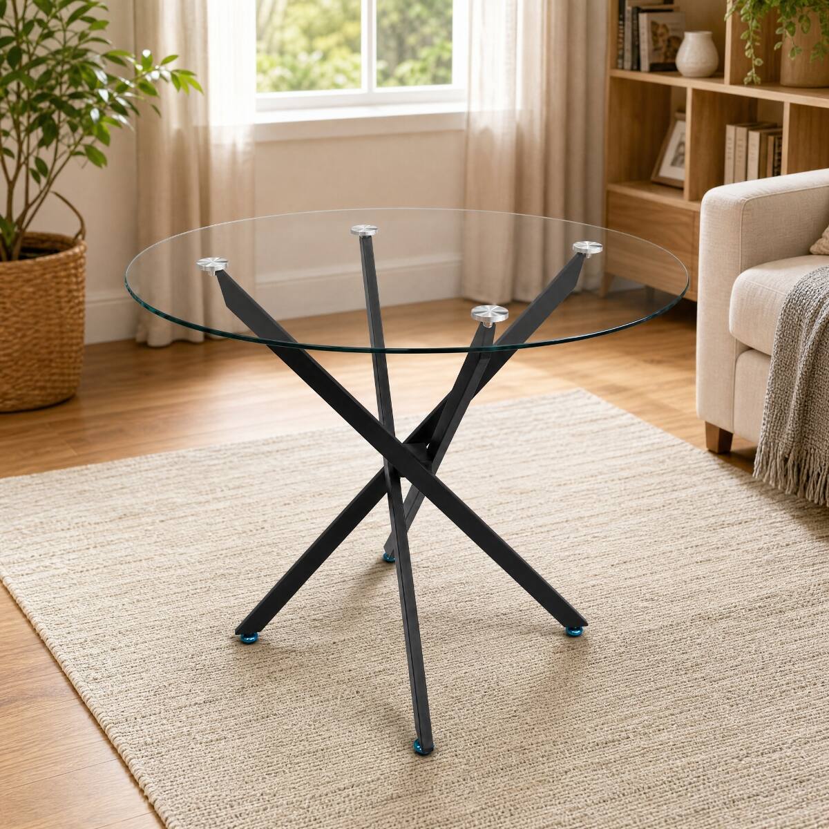 Alt View 7. Loheer - Loheer Round Tempered Glass Dining Table with Black Metal Frame, 35.43 Inch - Clear and Black.