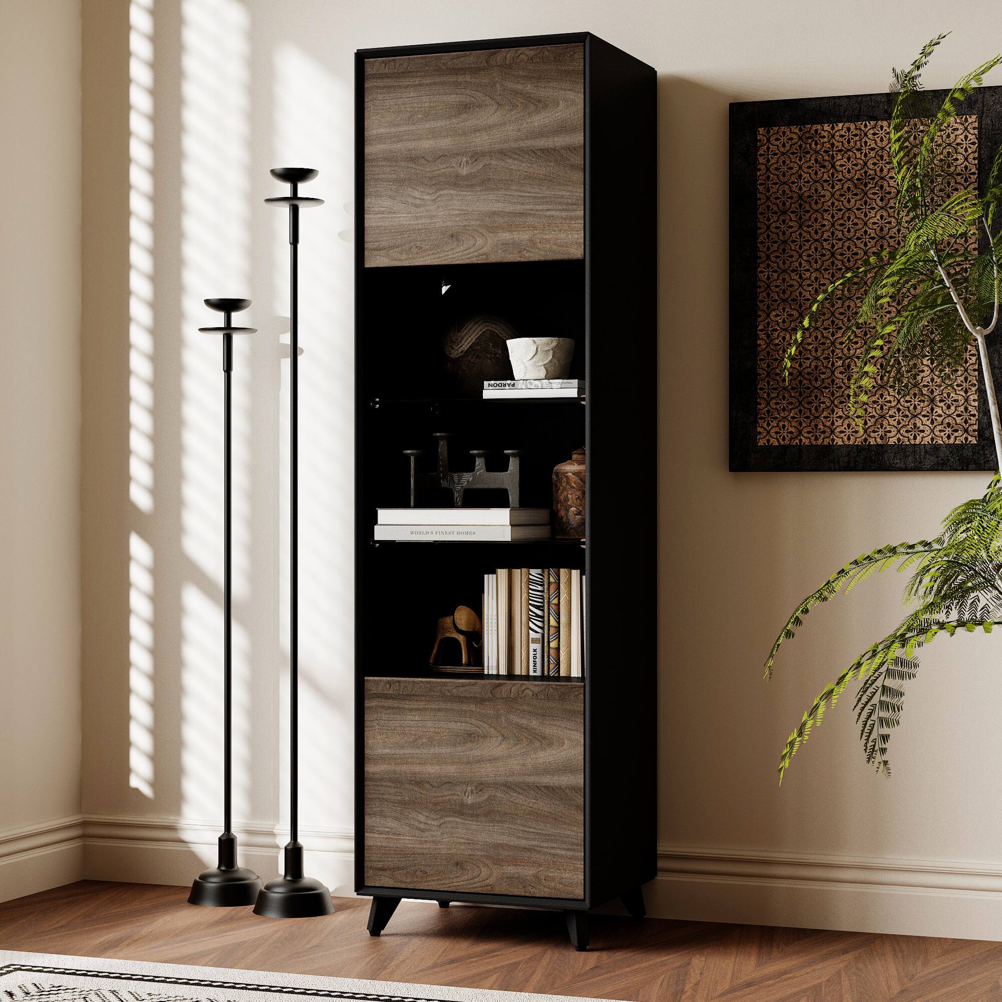 Angle. Famapy - Modern Glass Shelf Bookcase with 3-Color LED Lighting, Tempered Glass Shelves, and Multi-Layer Storage - Black & Gray.