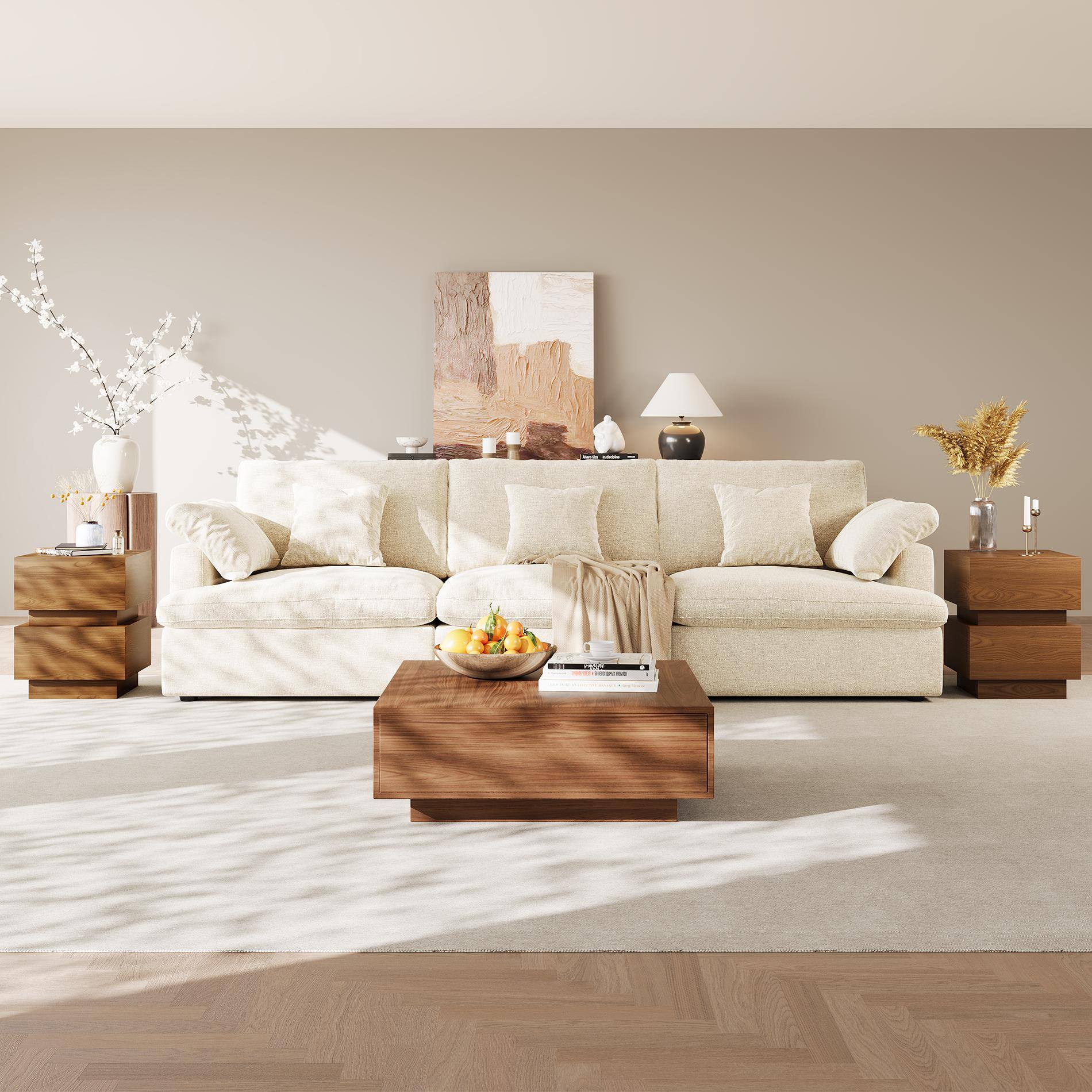 Back. POVISON - 39" Fully-assembled Square Wood Coffee Table Mid-Century Coffee Table with 2 Drawer for Living Room,  Brown - Walnut.