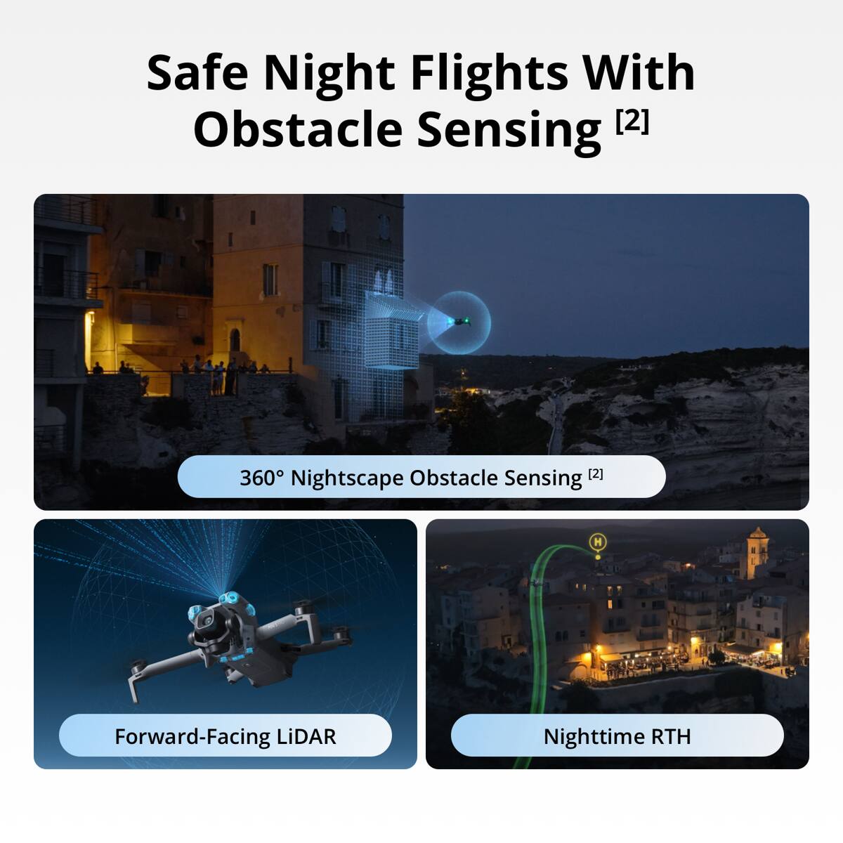 Safe Night Flights With Obstacle Sensing [2]  
360° Nightscape Obstacle Sensing [2]  
Forward-Facing LiDAR  
Nighttime RTH