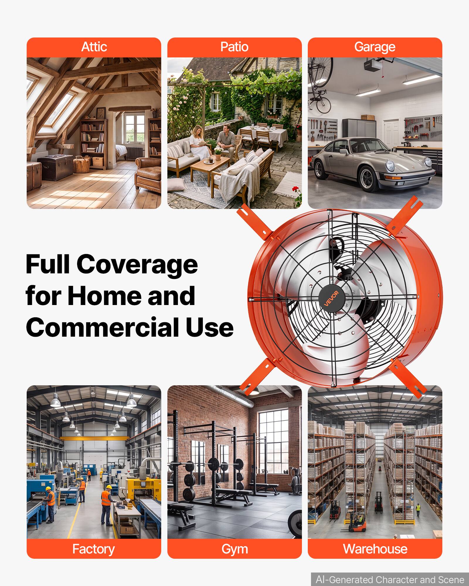 Attic  
Patio  
Garage  
1111  
Full Coverage for Home and Commercial Use  
VEVOR  

Factory  
Gym  
Warehouse  
Al-Generated Character and Scene