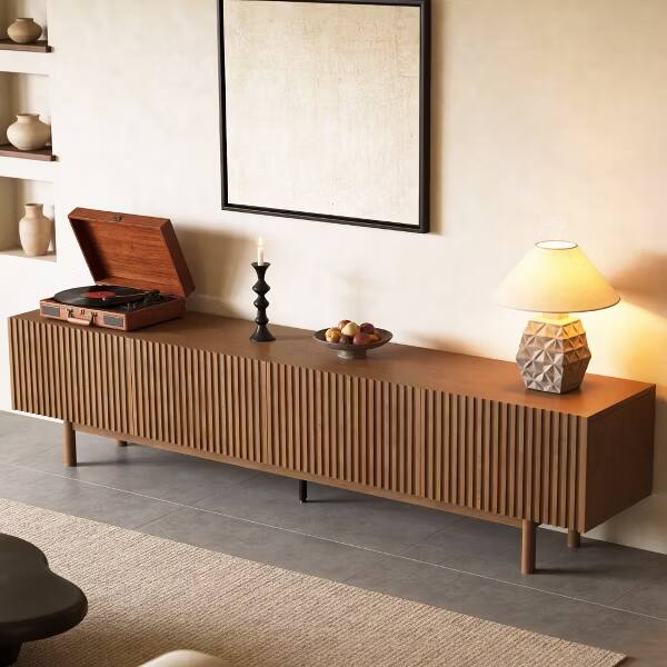 Alt View 2. luck idea - 86.6" Fluted Wood TV Stand for TV Up to 90", Mid-Century Walnut Media Console with Storage Cabinets & Cable Holes - brown.