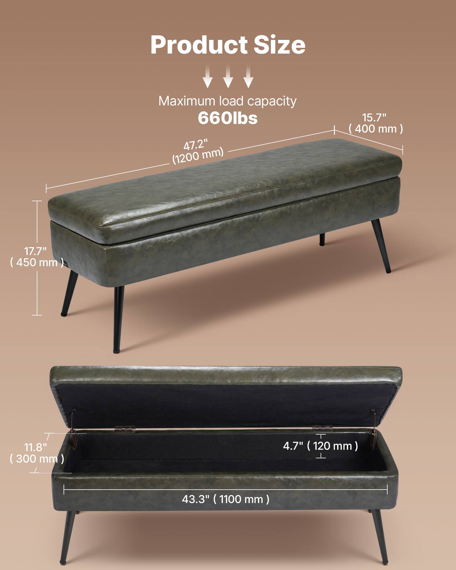 Product Size  
Maximum load capacity 660lbs  
47.2" (1200 mm)  
15.7" (400 mm)  
17.7" (450 mm)  
11.8" (300 mm)  
4.7" (120 mm)  
43.3" (1100 mm)