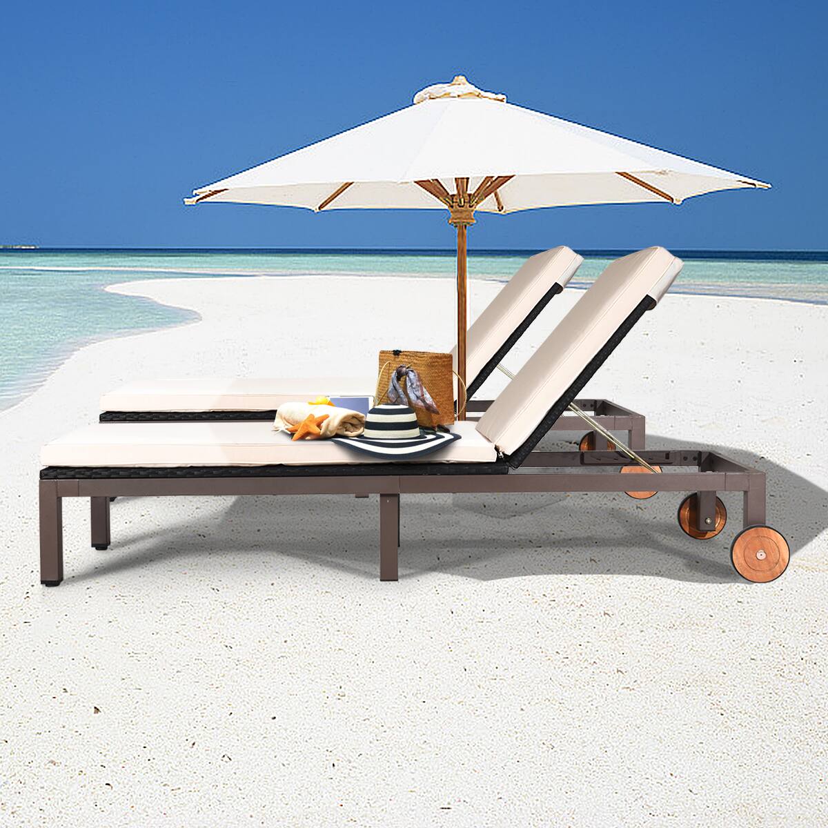 Alt View 2. Gymax - Gymax 2PCS Patio Adjustable Rattan Recliner Chaise Lounge Chair w/ Cushion Wheels - as pic.