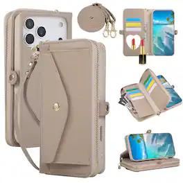 Dteck - Leather Wallet Phone Case for Apple iPhone 17 Pro with Crossbody Strap, Shockproof Zipper Pocket Mirror Stand Cover - Khaki