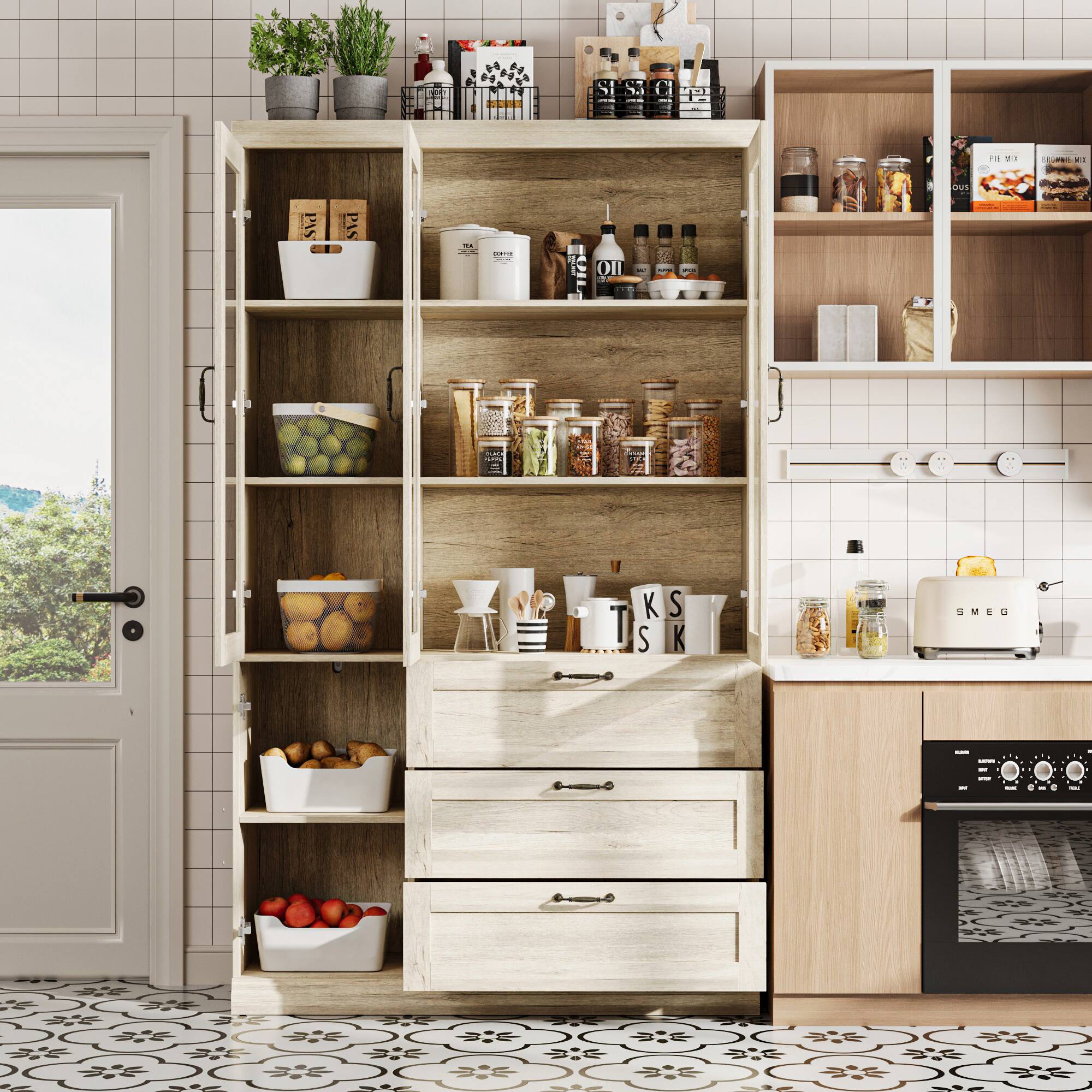 Sure, here is the corrected and grouped text from the image:

**Top Shelf:**
- SESAME OIL
- COFFEE

**Second Shelf:**
- PEANUT OIL
- SALT
- PEPPER

**Third Shelf:**
- HERBS AND SPICES (various jars)

**Fourth Shelf:**
- TOMATOES
- POTATOES

**Fifth Shelf:**
- STRAWBERRIES

**Right Side:**
- PIE MIX
- PIE MIX

**Bottom Right:**
- SMEG (on the toaster)

**Mugs:**
- K S K S K

**Other:**
- OIL (on the shelf)