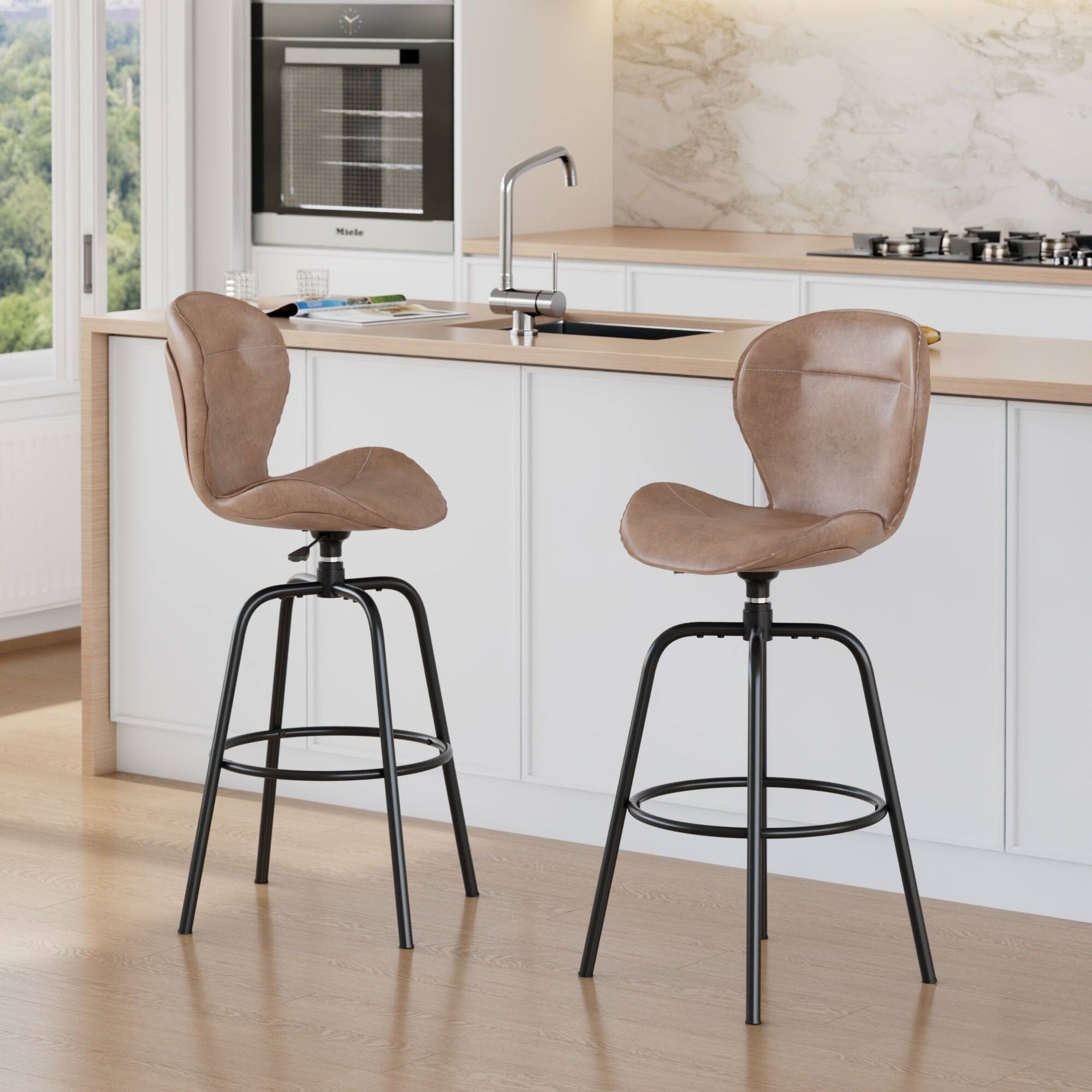Front. Vecelo - Set of 2 Swivel Bar Stools  - Brown Faux Leather 360 Degree Swivel Stools , Stable T-Shaped Base Counter Height Stools - Brown.
