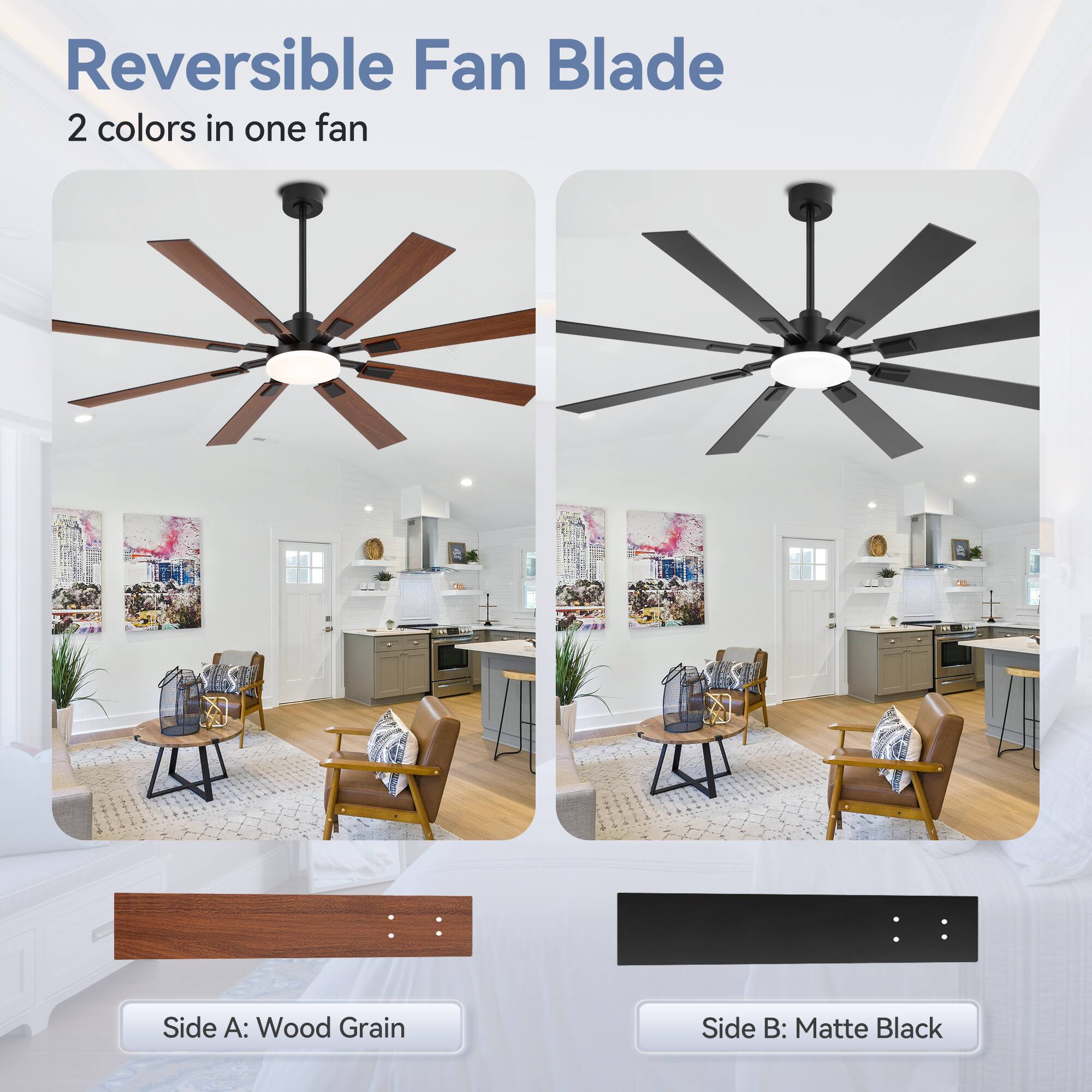 Reversible Fan Blade 2 colors in one fan
Side A: Wood Grain
Side B: Matte Black