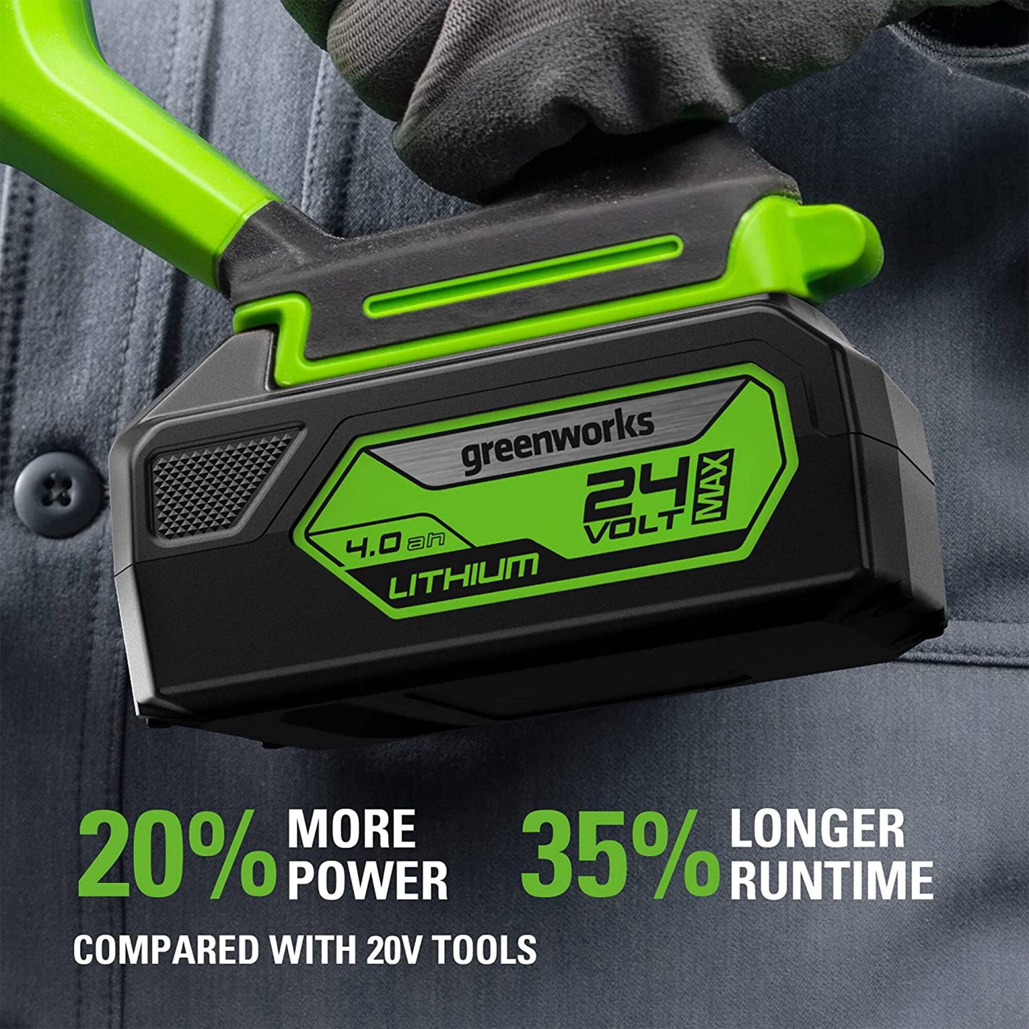greenworks 24V MAX 4.0 an VOLT LITHIUM  
20% MORE POWER  
35% LONGER RUNTIME  
COMPARED WITH 20V TOOLS