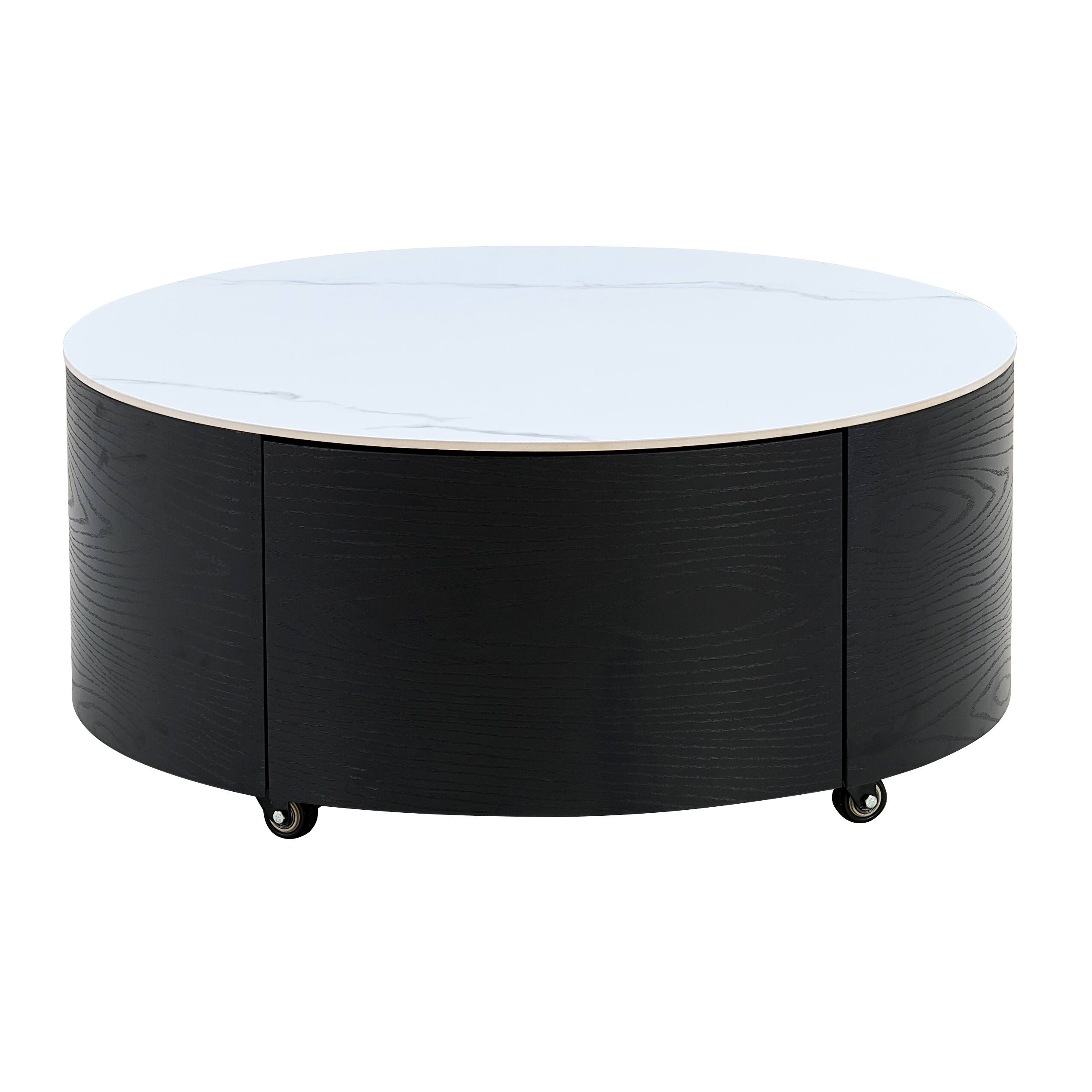Alt View 6. Tiramisubest - Modern Round Movable Coffee Table with Casters, 2 Drawers, Marble Pattern Sintered Stone Top, Black, 29.5" - Black.