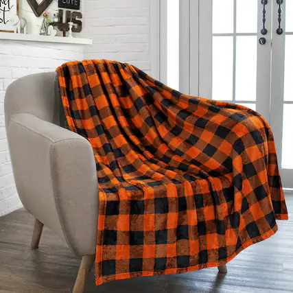 Front. Alchemy Casas - And Plaid Fleece Throw Blanket For Couch Soft Checkered Flannel Sofa Christmas Bed Warm Cozy Decorative Fall - Plaid Orange Black 50 x 60 Inches - Throw.