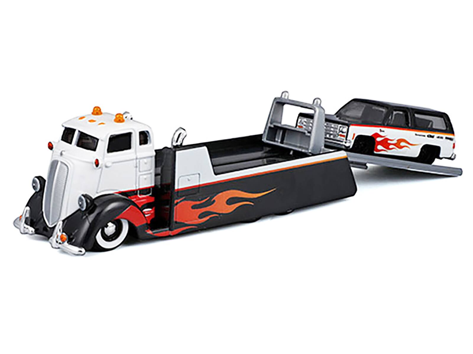 Alt View 1. Maisto - COE Flatbed White and Black w/Graphics and 1979 Chevrolet K5 Blazer Black and White with Graphics 1/64 Models by Maisto.