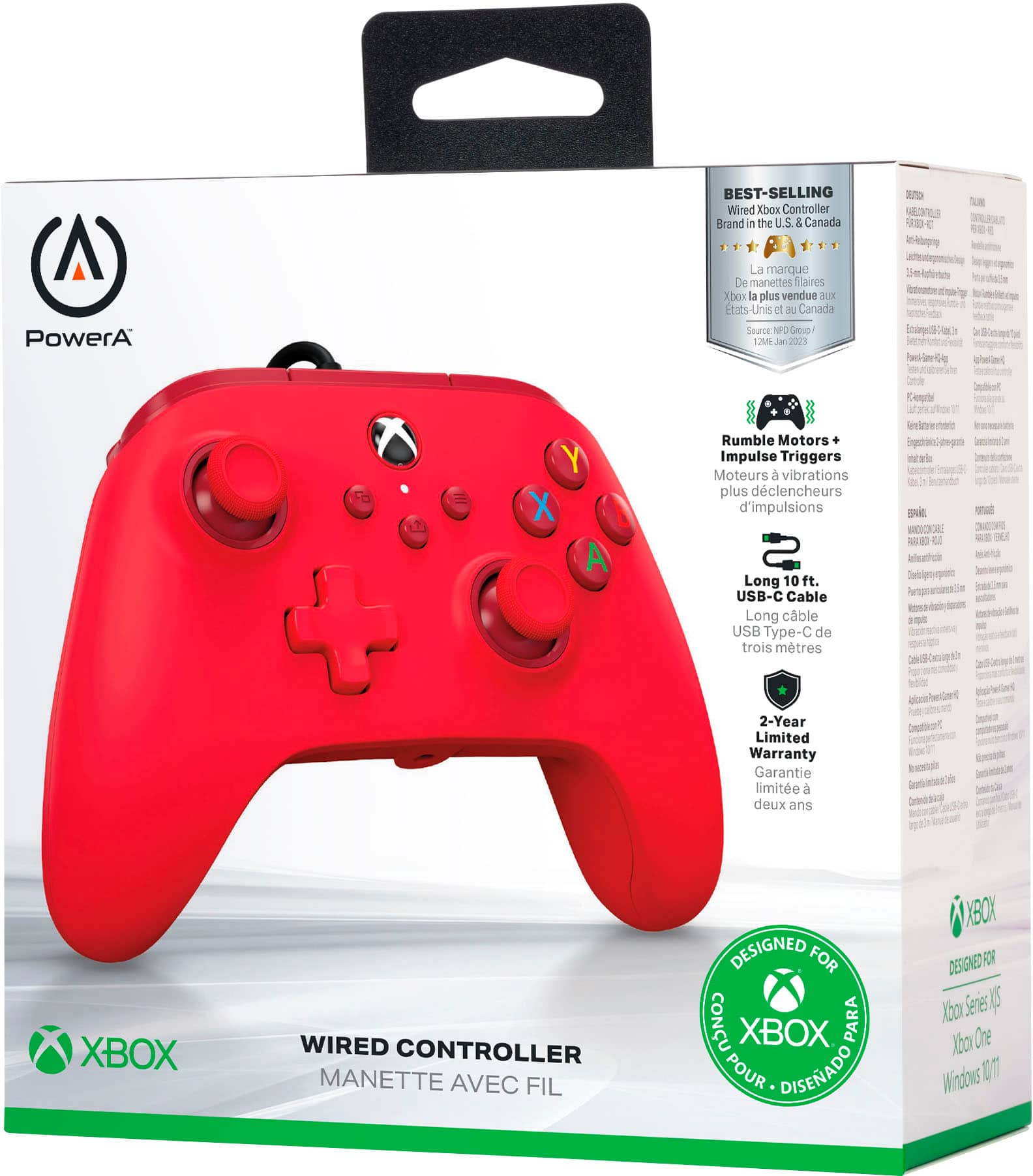 The text on the image reads: "BEST-SELLING WIRED XBOX CONTROLLER BRAND IN THE U.S. & CANADA. ATD E00 U e in-kdagrip PowerA La marque De manettes filaires Xbcx la plus vendue aLLX Etats-Unis o au Canada Source: NPL Goup 171 Jen 2002 bes 2 p Snptiat 7 Y X A Rumble Motors Impulse Triggers Moteurs vibrations plus dclencheurs d'impulsions S Long 10 ft. USB-C Cable Long cable USB Type-C de trois mtres DnutinSyhegot ma d i E o a Dot 2-Year Limited Warranty Garantie limite deux ans XBOX WIRED CONTROLLER MANETTE AVEC FIL DESIGNED FOR XBOX PARA POUR DISEADO XBOX DESIGNED FOR Xor Seres As Xoor One Mirdos 1017."
