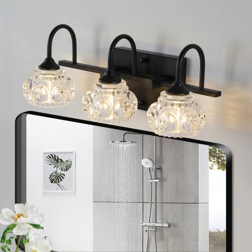Alt View 2. LUCKY ONE - 17in Wall Mount Vanity Light, 3-Light Black Retro Sconce with Crystal Glass Shades - Black.