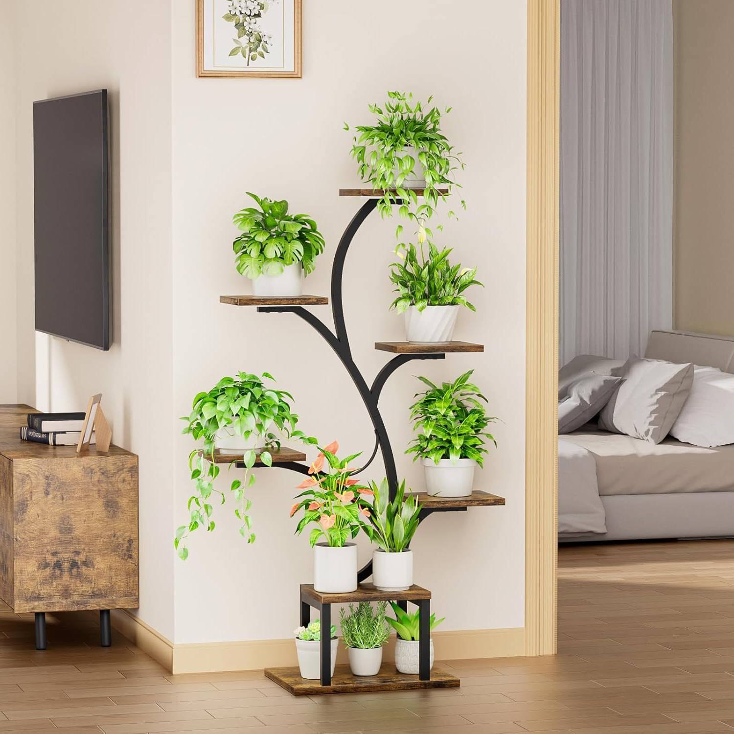 Left. SlickBlue - Indoor Plant Stand Display Shelf with Grow Lights – Modern Organizer for Plants - Brown, Black.
