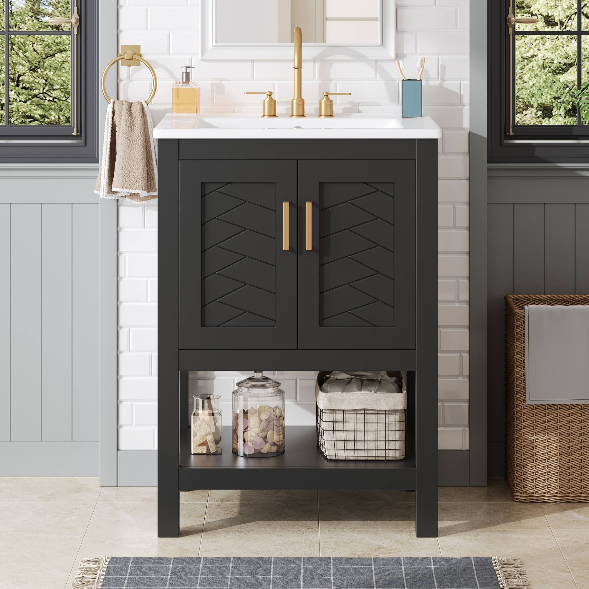 Angle. Whisen - 24" Modern Bathroom Vanity Cabinet with Sink Adjustable Shelf and Soft-Close Hinges Storage - Black.