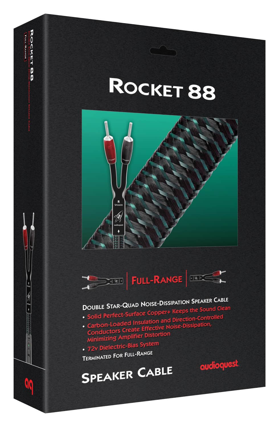 The text on the image is already grouped and correctly written. It reads: "ROCKET 88 - R SPEAKER CABLE B8 - + FULL-RANGE SPEAKER CABLE STAR-QUAD NOISE-DISSIPATION DOUBLE the Sound Clean Perfect-Surface Copper+ Keeps Solid Direction-Controlled Insulation and Carbon-Loaded Effective Noise-Dissipation, Conductors Create Amplifier Distortion Minimizing Dielectric-Bias System 72v FOR FULL-RANGE TERMINATED CABLE audioquest."