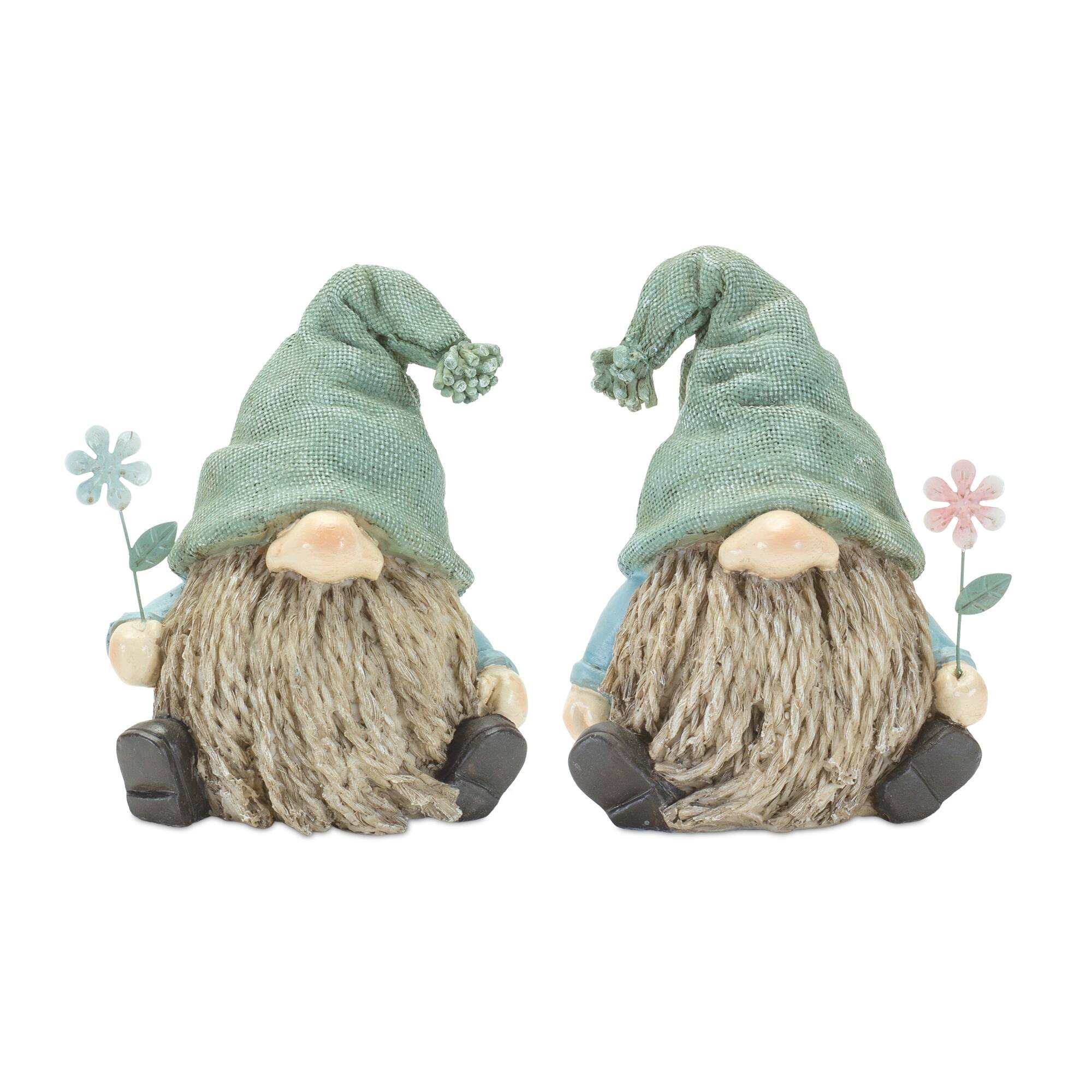 Left. BreeBe - Stone Garden Gnome Figurine with Flower Stem Accent (Set of 4) - Green.