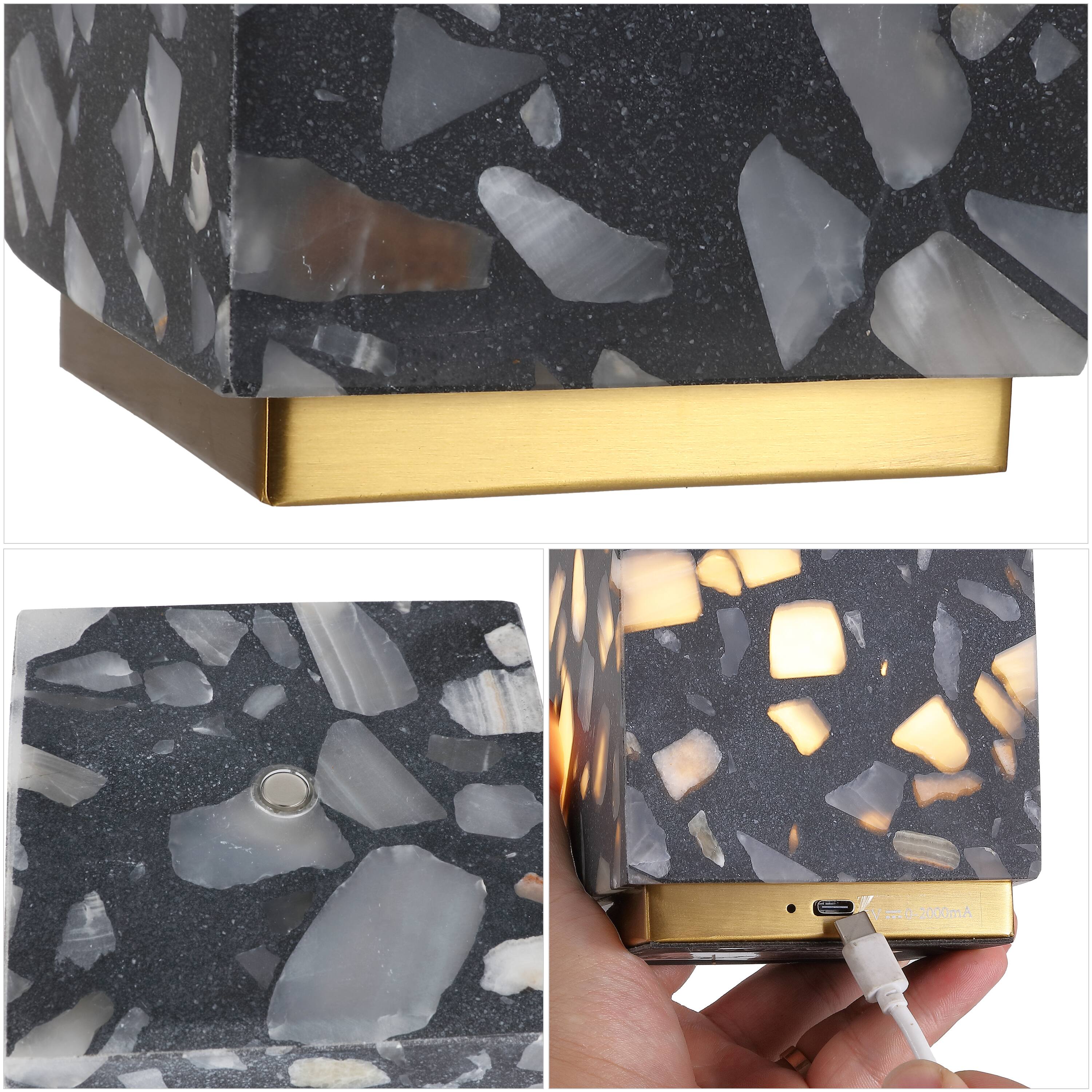 Alt View 3. Jonathan Y - Lara 4.63" Terrazzo Rechargeable Dimmable Integrated LED Mini Table Lamp with Touch Sensor, Black/Brass Gold (Set of 2) - Black Terrazzo.
