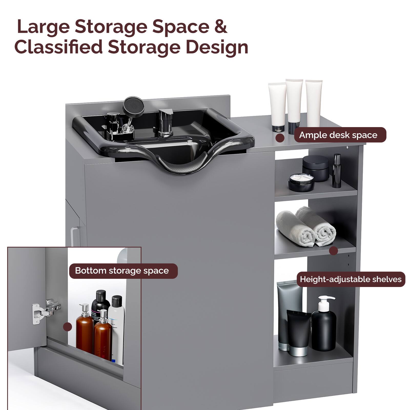 Large Storage Space & Classified Storage Design  
Ample desk space  
Bottom storage space  
Height-adjustable shelves