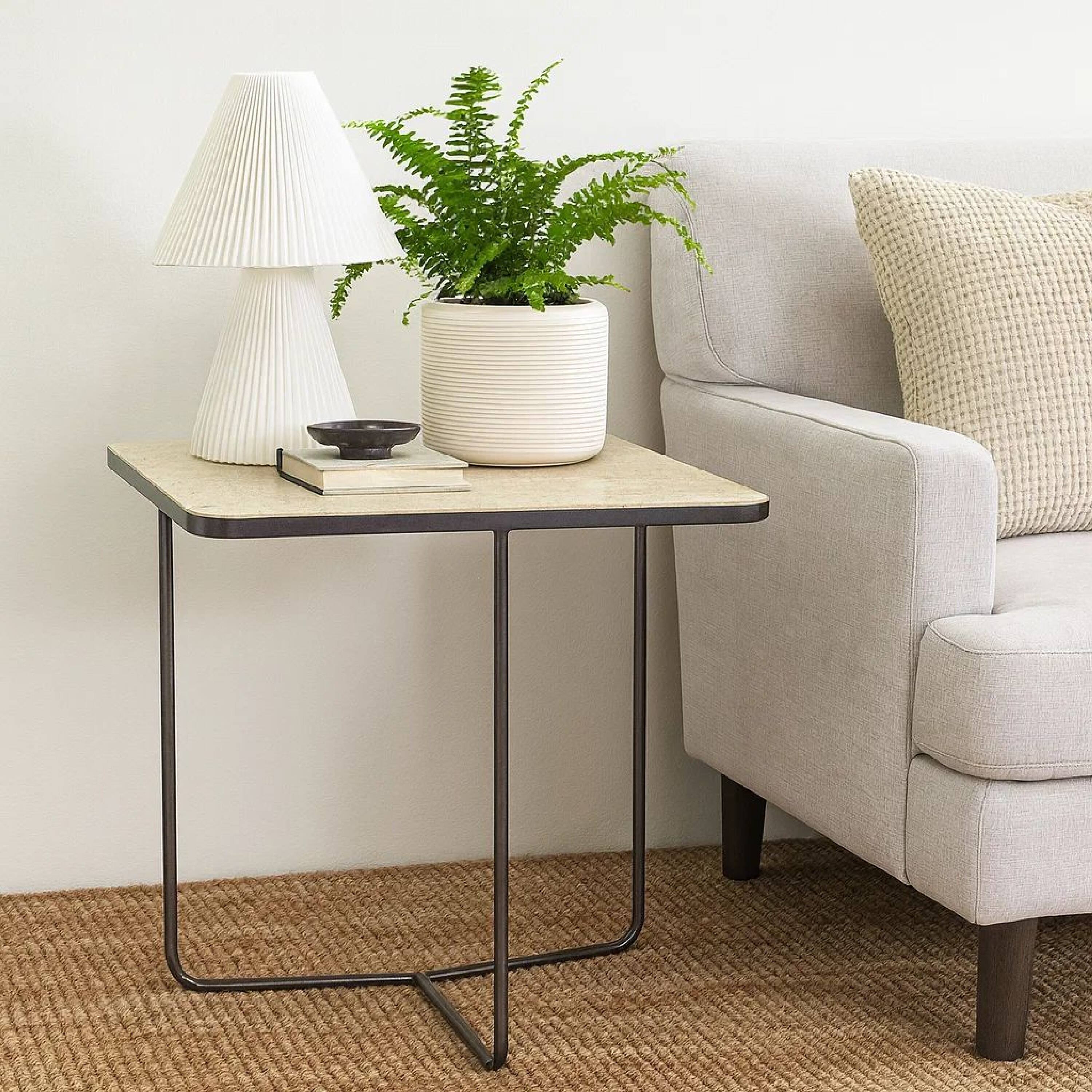 Alt View 4. Manhattan Lane - 24 Inch Square Accent Side End Table, Iron, Travertine Marble Top - Natural, Black.