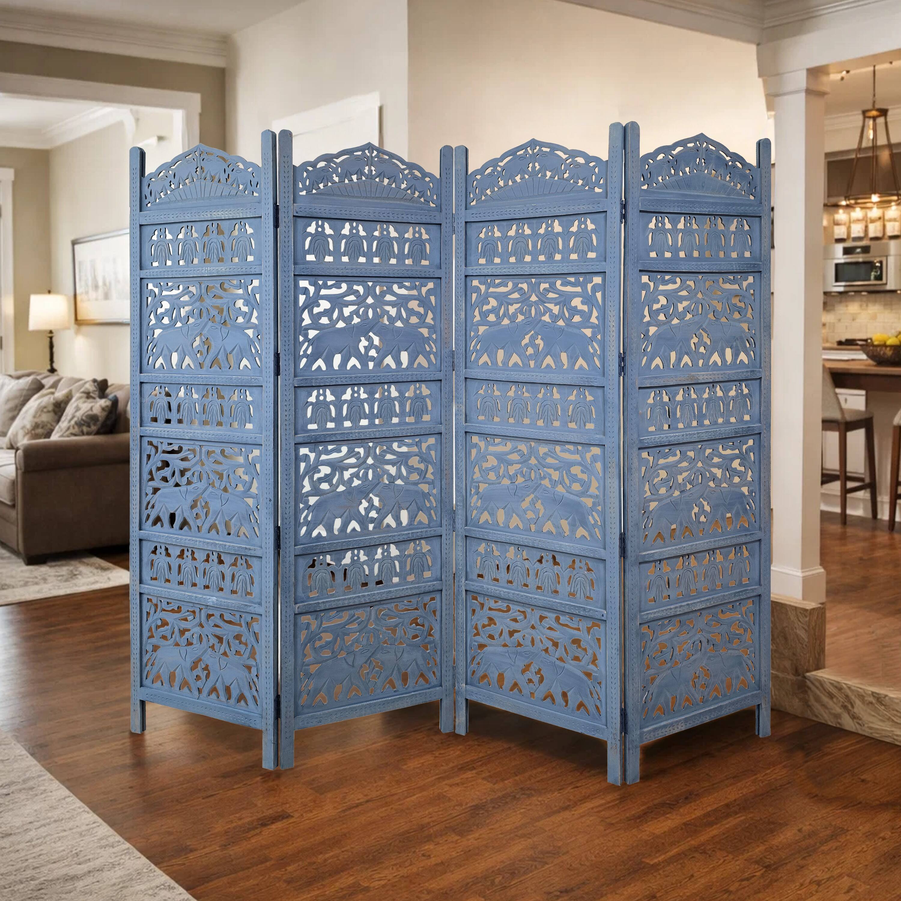 Alt View 10. Manhattan Lane - Jumbo 4 Panel Folding Room Divider Screen, Antique Blue Mango Wood, Elephant Motif Carved Design - Blue.