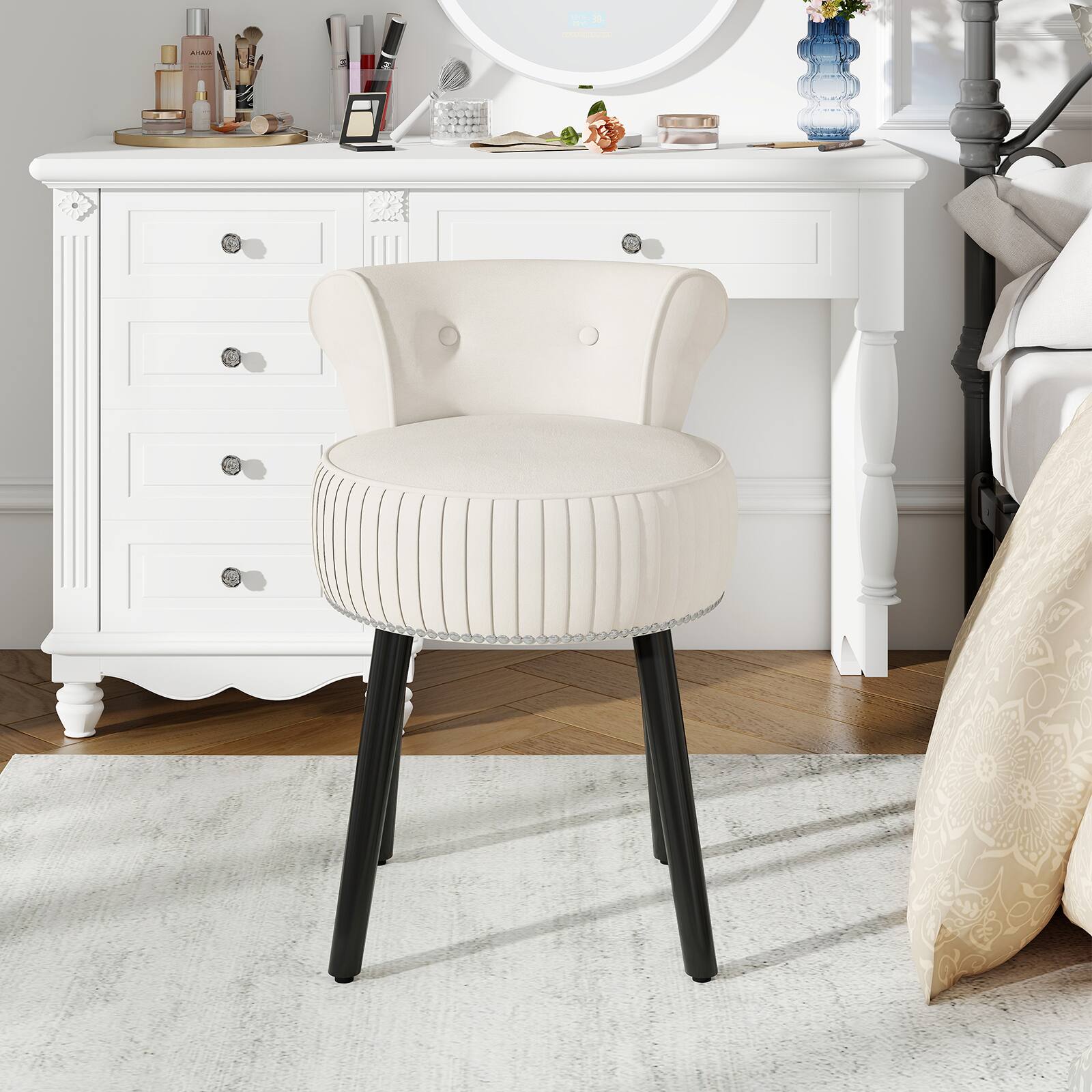 Alt View 4. Gymax - Gymax Velvet Vanity Chair w/ Back Tufted Low Back & Solid Wood Legs for Bedroom White - White.